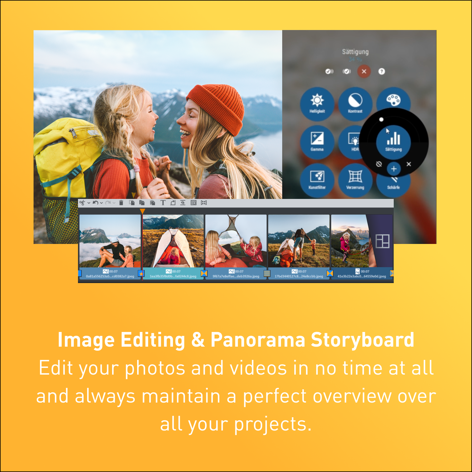 Due donne guardano uno schermo. Testo: Image Editing & Panorama Storyboard, Modifica foto e video...