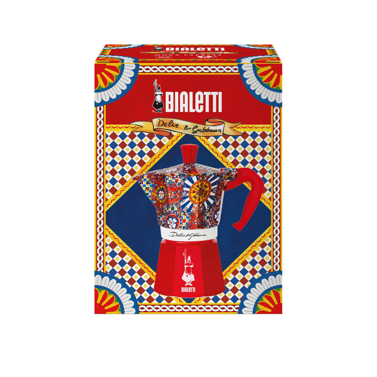 Kawiarka Bialetti Moka w ozdobnym pudełku. Kawiarka jest czerwona i ma kolorowy wzór.
