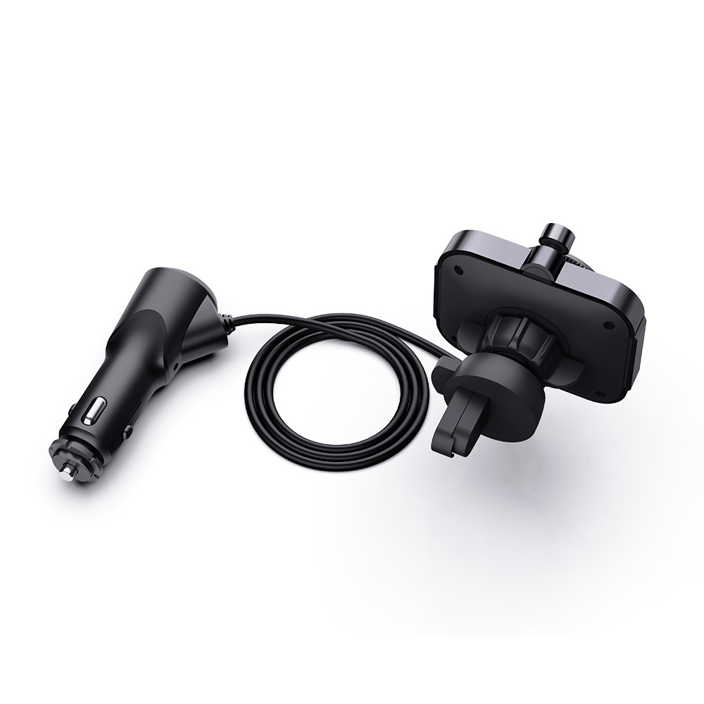 Czarna ładowarka samochodowa z kablem i uchwytem na telefon na białym tle.