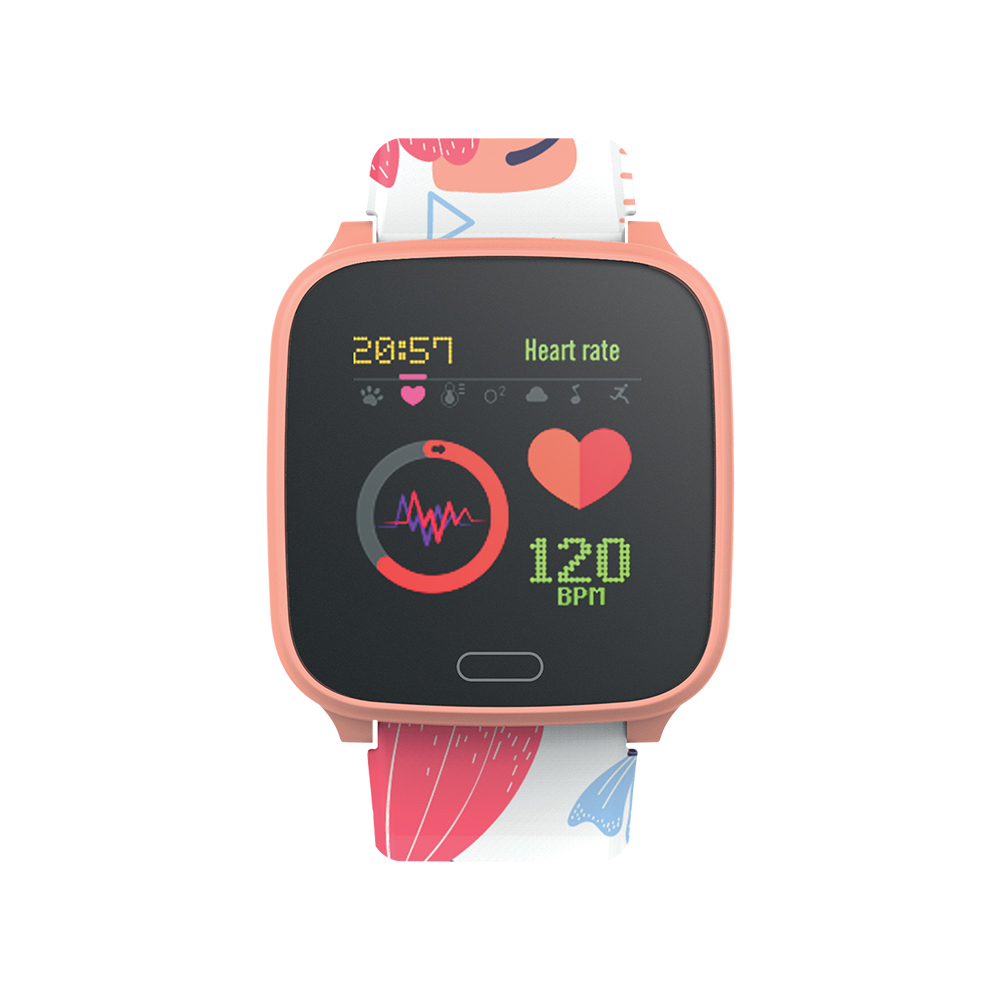 Een roze smartwatch met een digitaal display dat de tijd en hartslag weergeeft. Witte achtergrond.