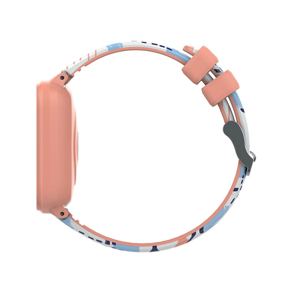 Een roze smartwatch, van de zijkant gezien, met een patroonband in blauw en wit.