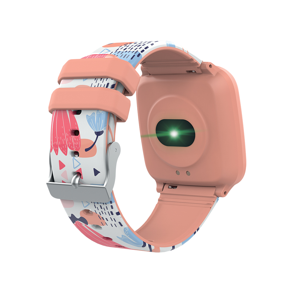 Roze en witte smartwatchband met roze wijzerplaat.
