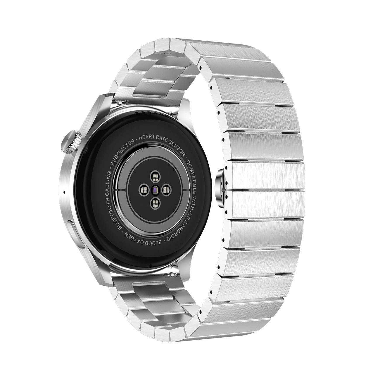 Srebrny smartwatch z metalową bransoletą. Zegarek pokazuje tył z czujnikami i tekstem.