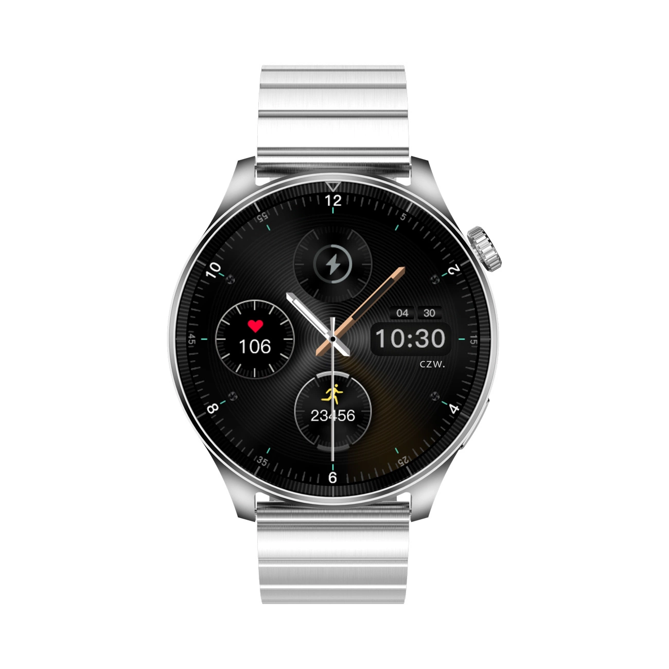 Srebrny smartwatch z czarną tarczą pokazującą czas, tętno i inne dane. Metalowa bransoleta.