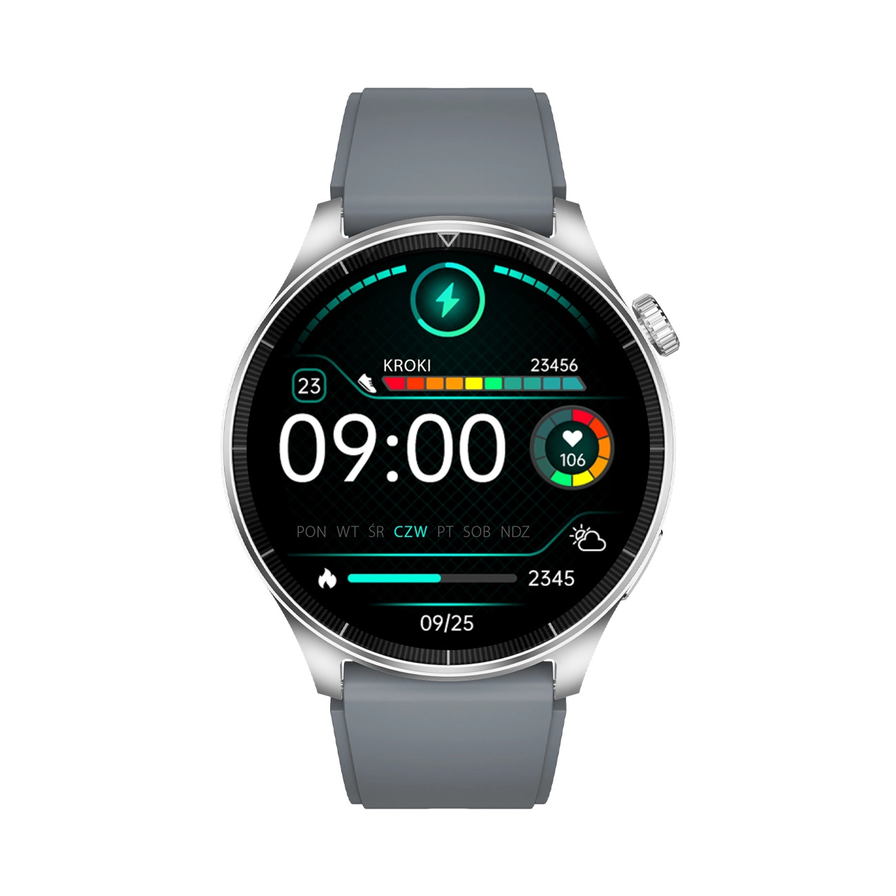 Smartwatch pokazujący godzinę, tętno i kroki na szarym pasku. Białe tło.