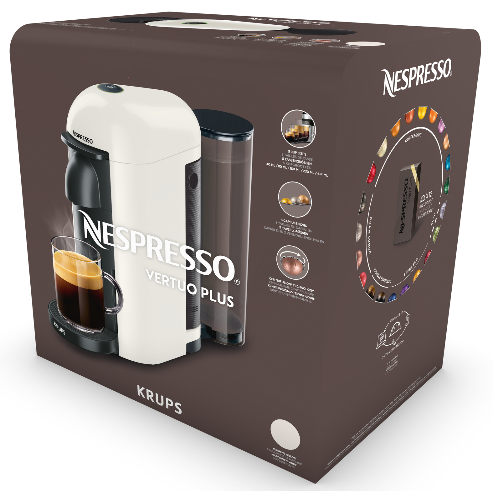 Macchina da caffè Nespresso Vertuo Plus bianca e nera con scatola e bicchiere di caffè.