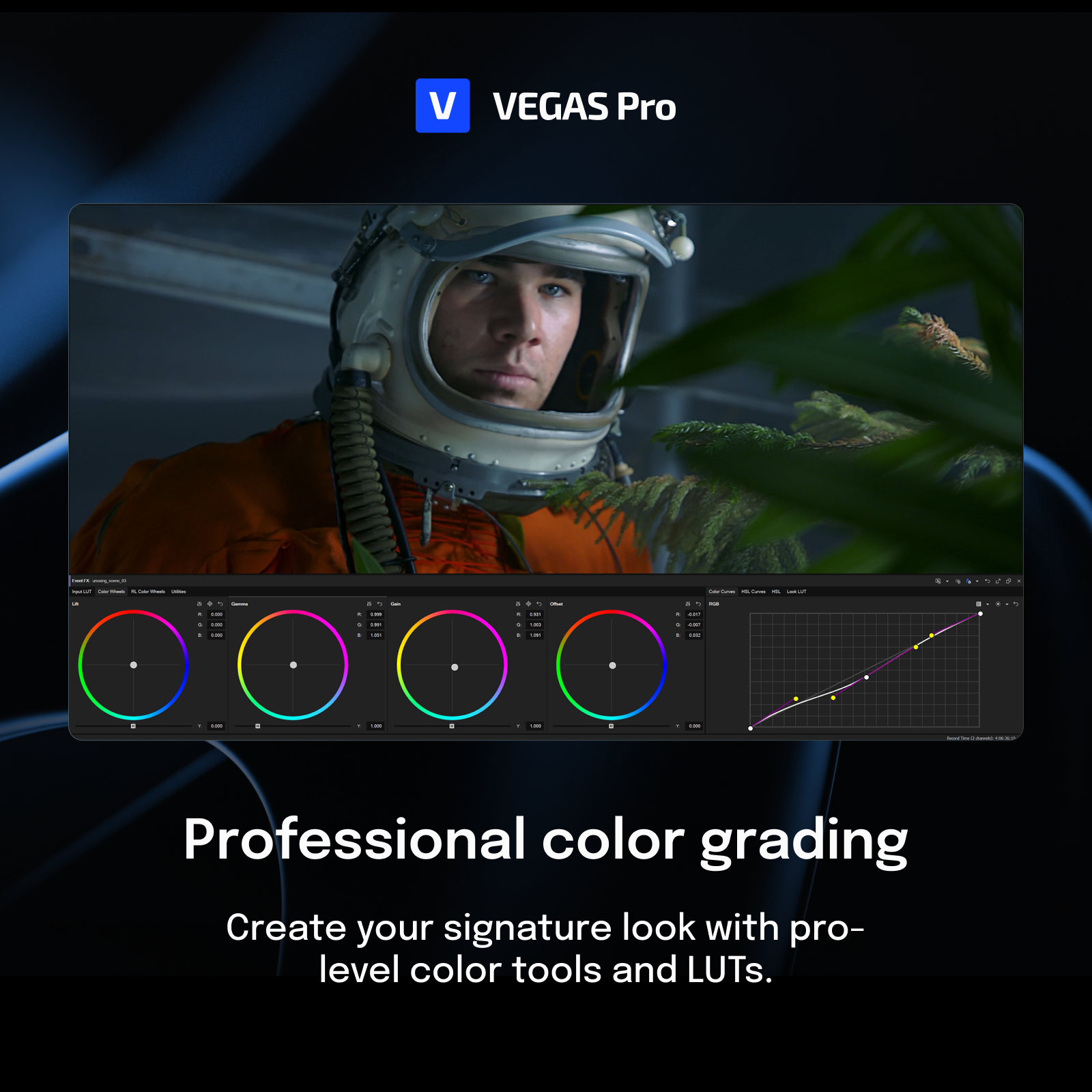 Software di editing video con astronauta e strumenti di color grading.