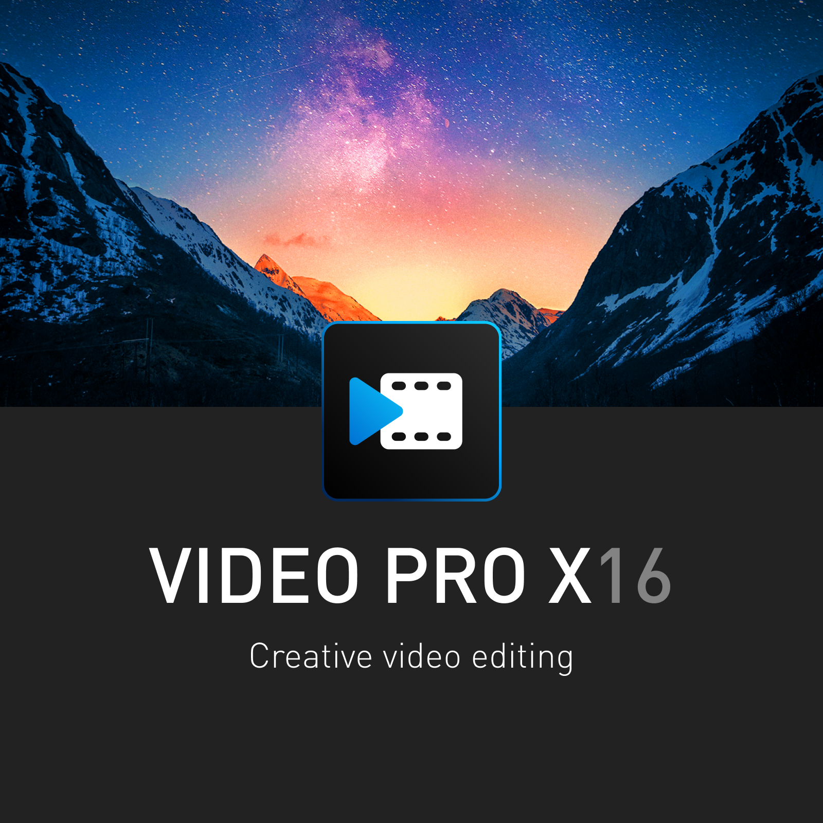 Logo Video Pro X16 con sfondo dell'interfaccia di editing video.