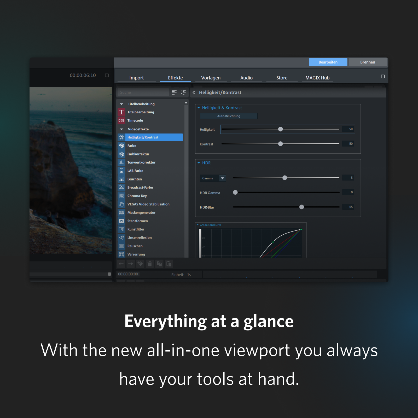 Interfaccia del software di editing video con controlli di luminosità e contrasto. Nero e grigio.