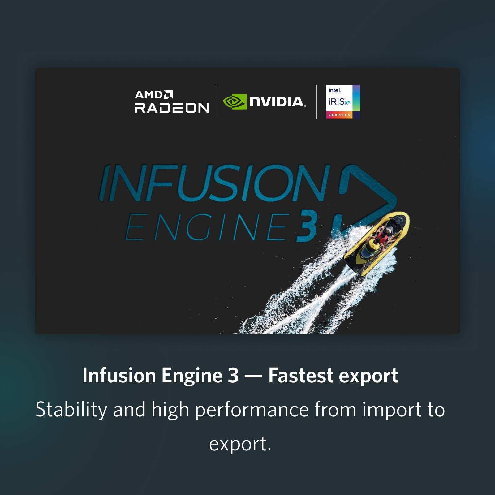 Jet ski sull'acqua con loghi AMD, NVIDIA, Intel. Testo: 'Infusion Engine 3'.