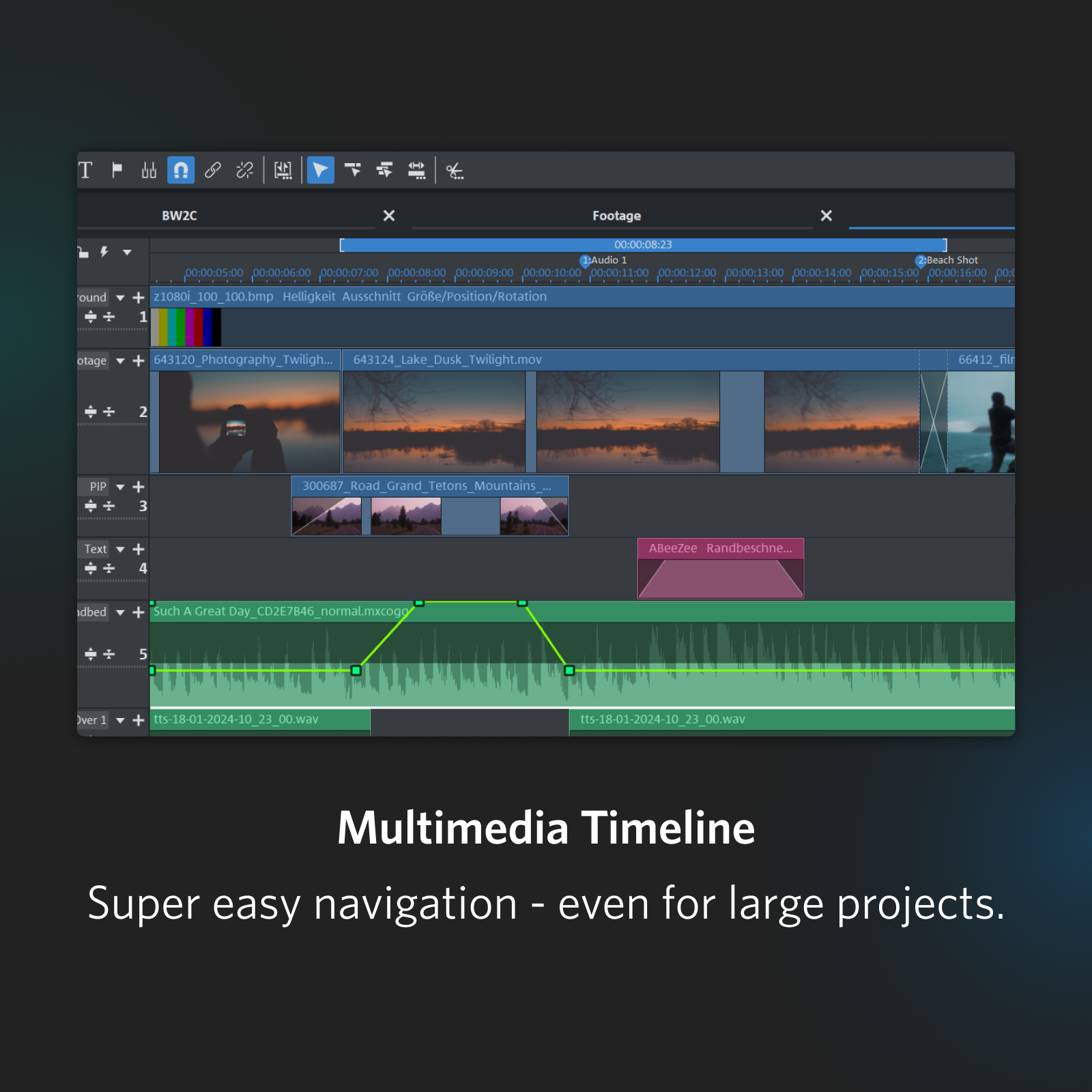 Interfaccia software editing video. Timeline con clip video e tracce audio.