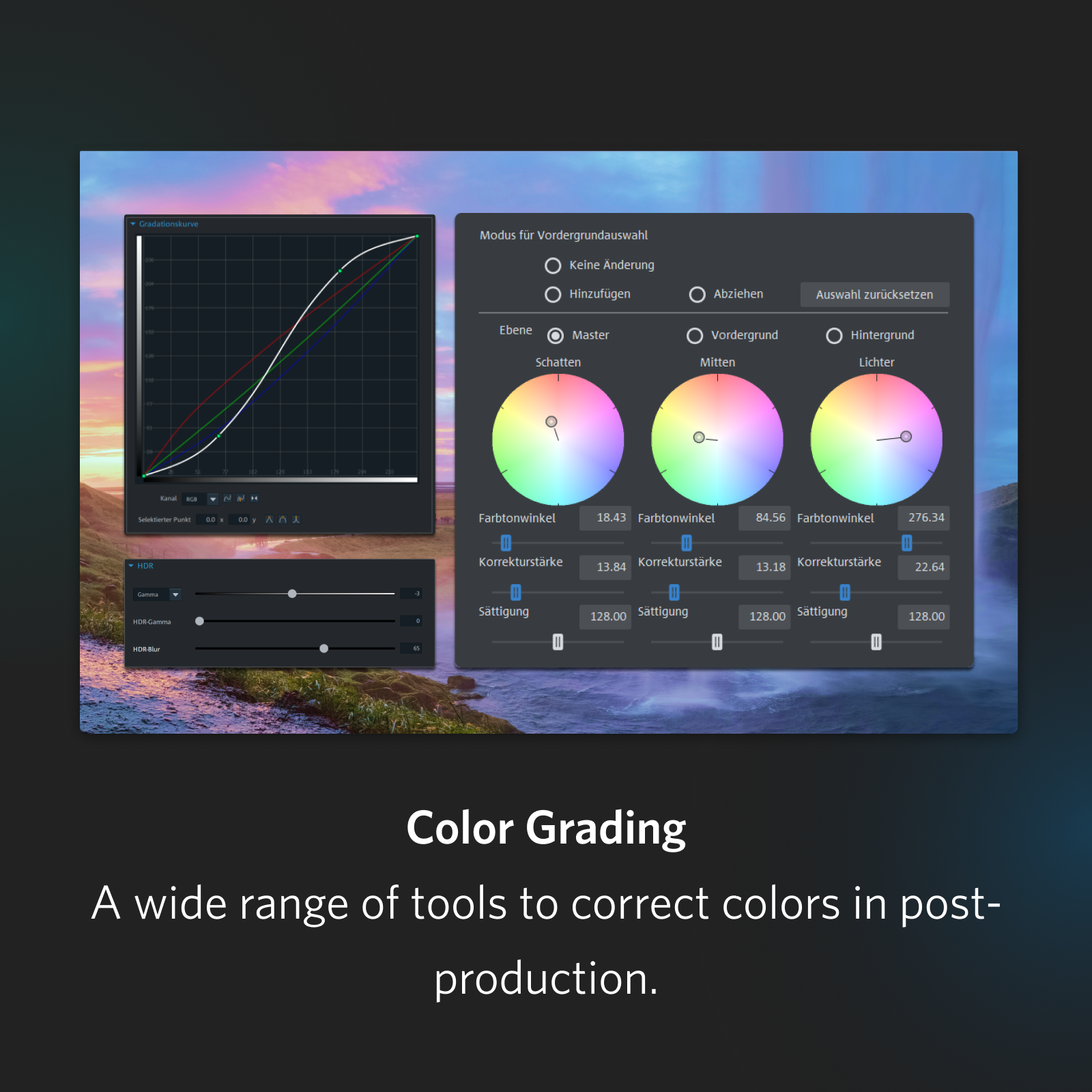 Interfaccia di color grading su schermo, con grafico e strumenti di regolazione del colore.