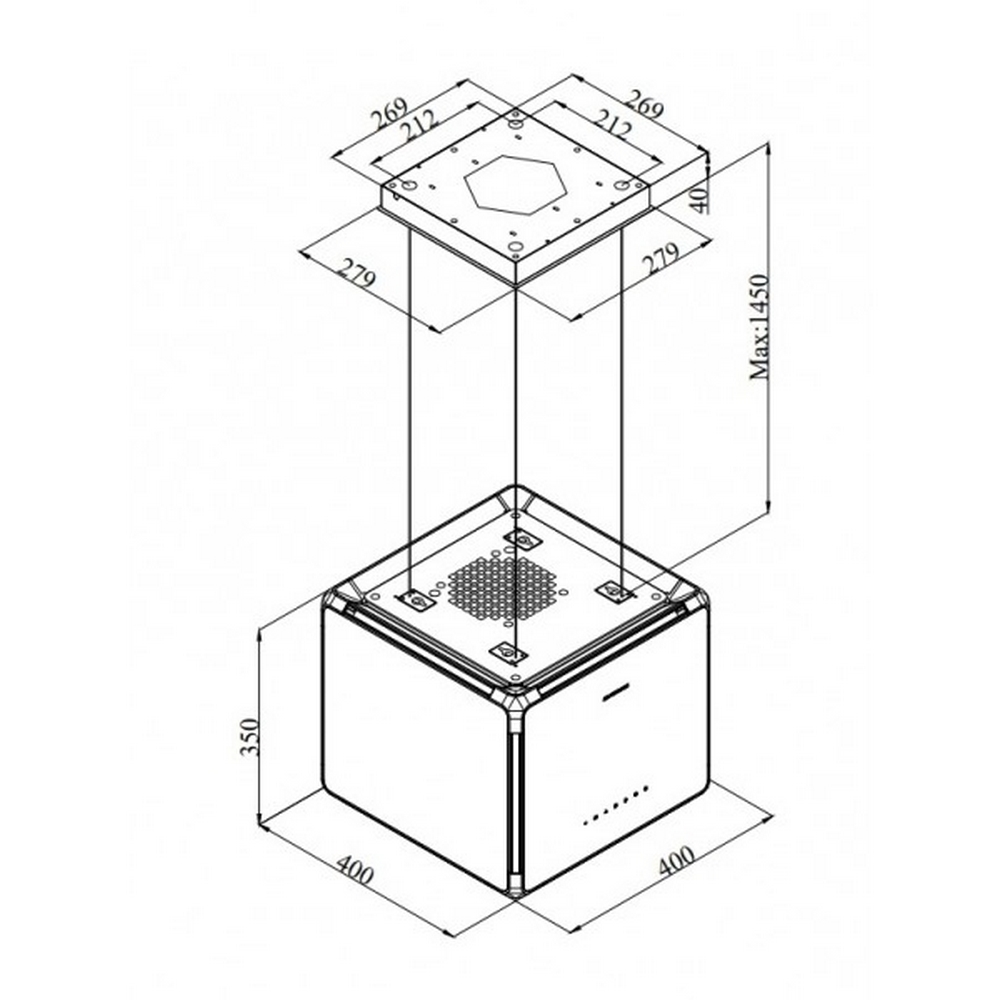 Disegno isometrico di una cappa da cucina in metallo. Mostra le dimensioni. Forme quadrate superiore e inferiore, con sfiato centrale.