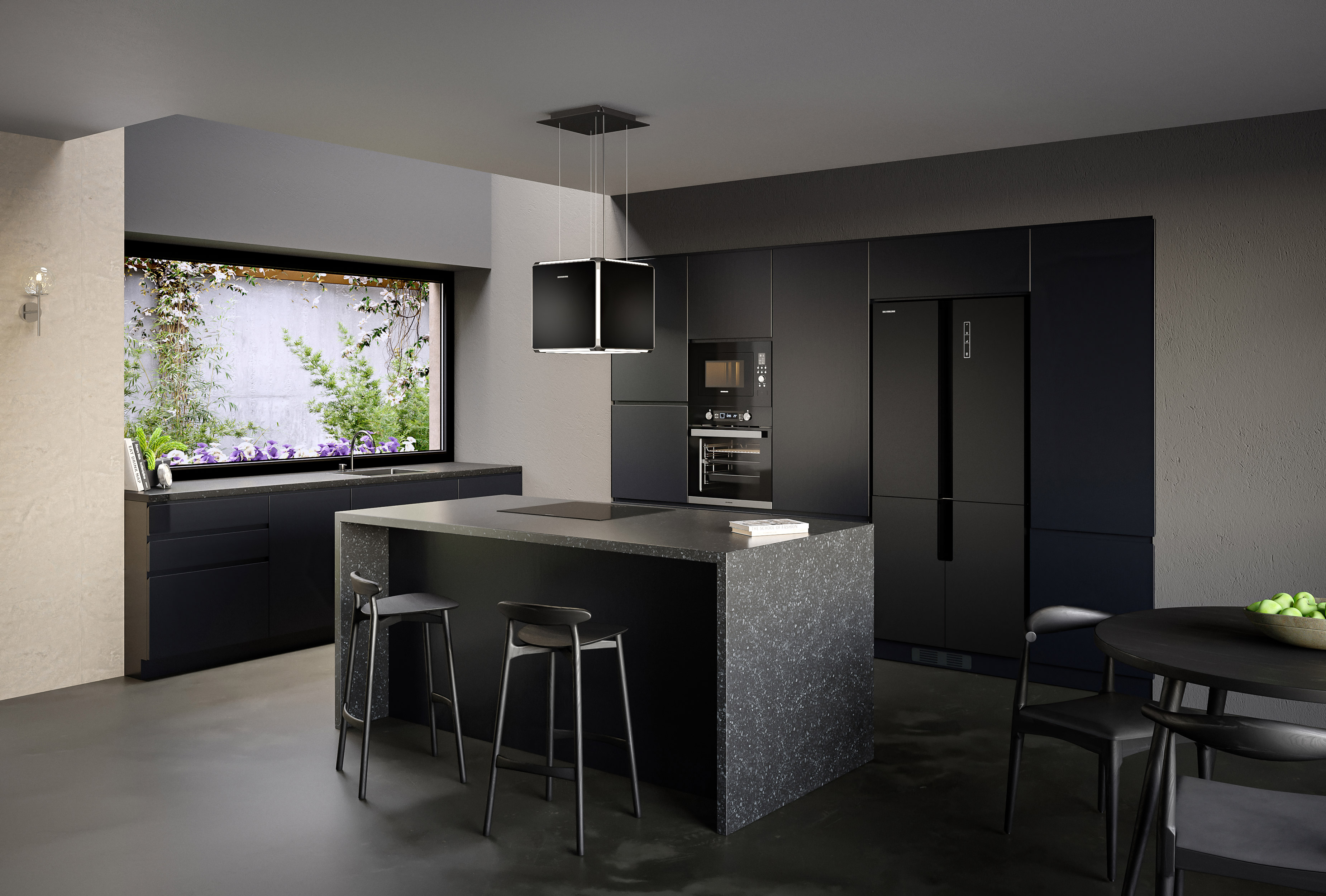 Una moderna cucina nera con isola, sgabelli ed elettrodomestici. Include una finestra.