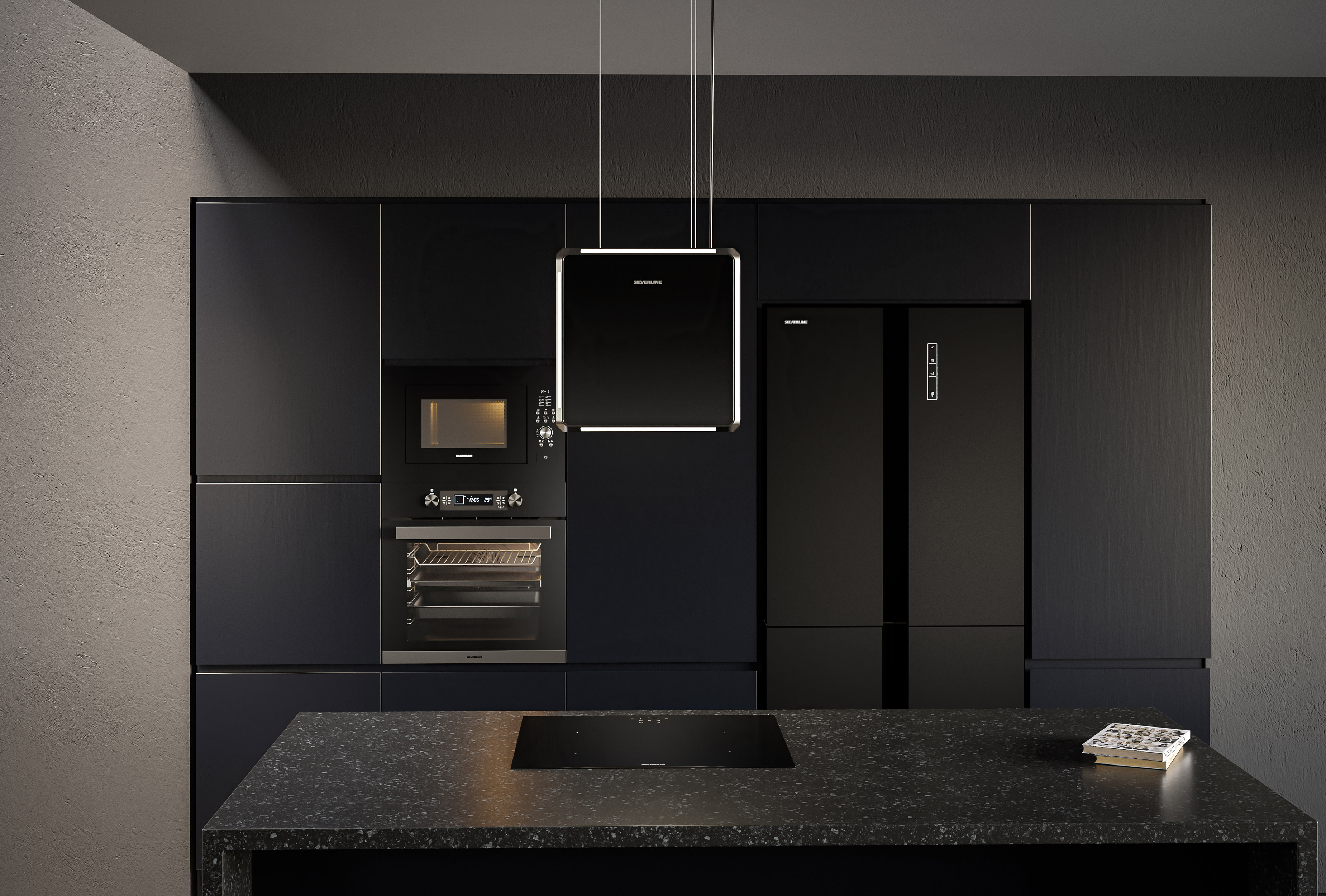 Cucina nera moderna con elettrodomestici, isola, forno e frigo.