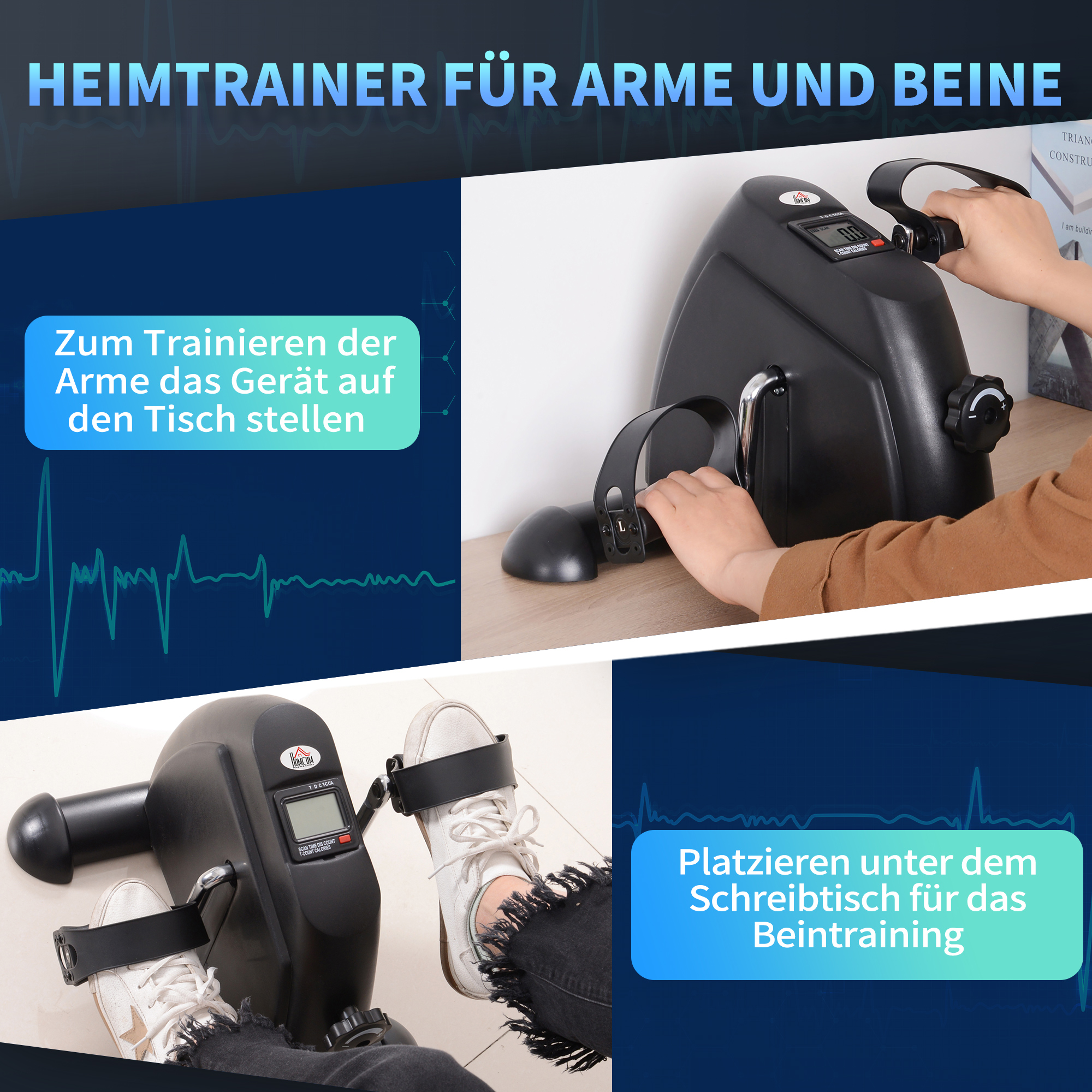 Bild zeigt einen Heimtrainer für Arme und Beine. Text über Training wird angezeigt.