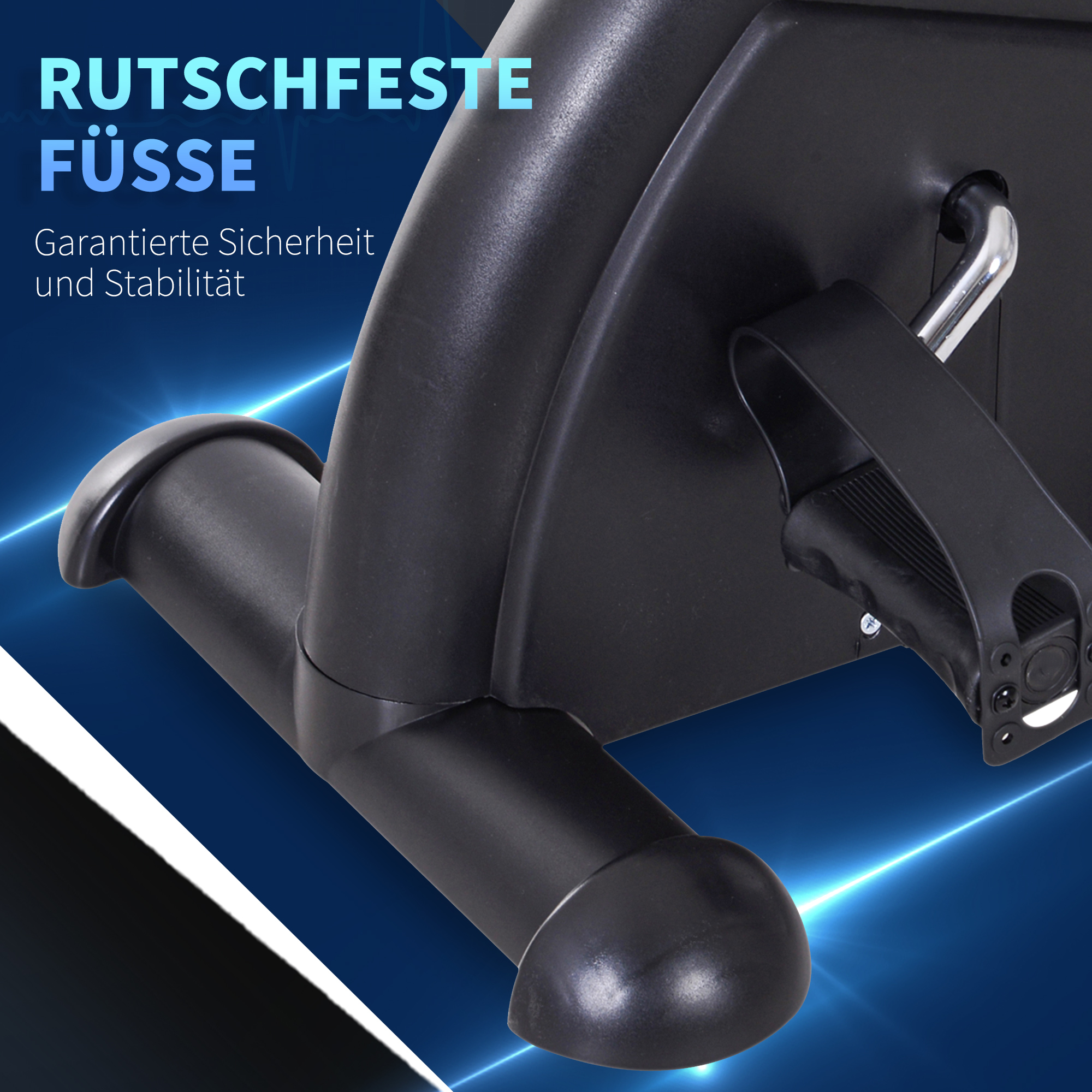 Nahaufnahme des Fußes von Trainingsgeräten. Schwarz, gebogen und mit einem Gummifuß.