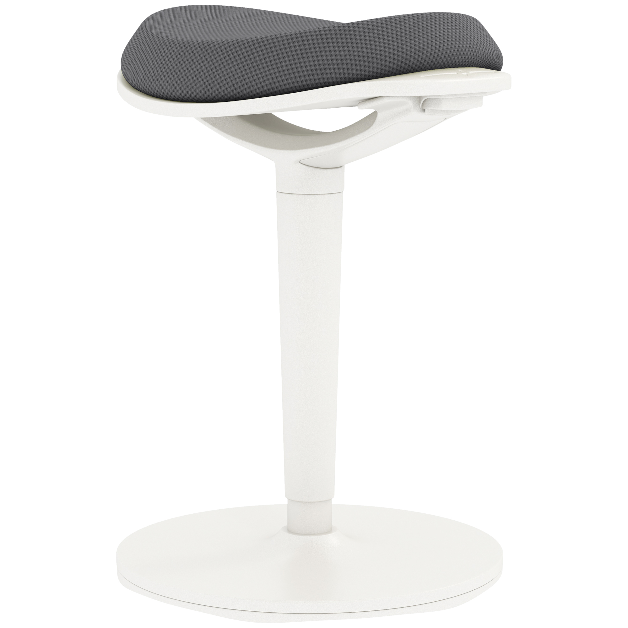 Weißer ergonomischer Hocker mit grauem Sitz und rundem Fuß, vor weißem Hintergrund.