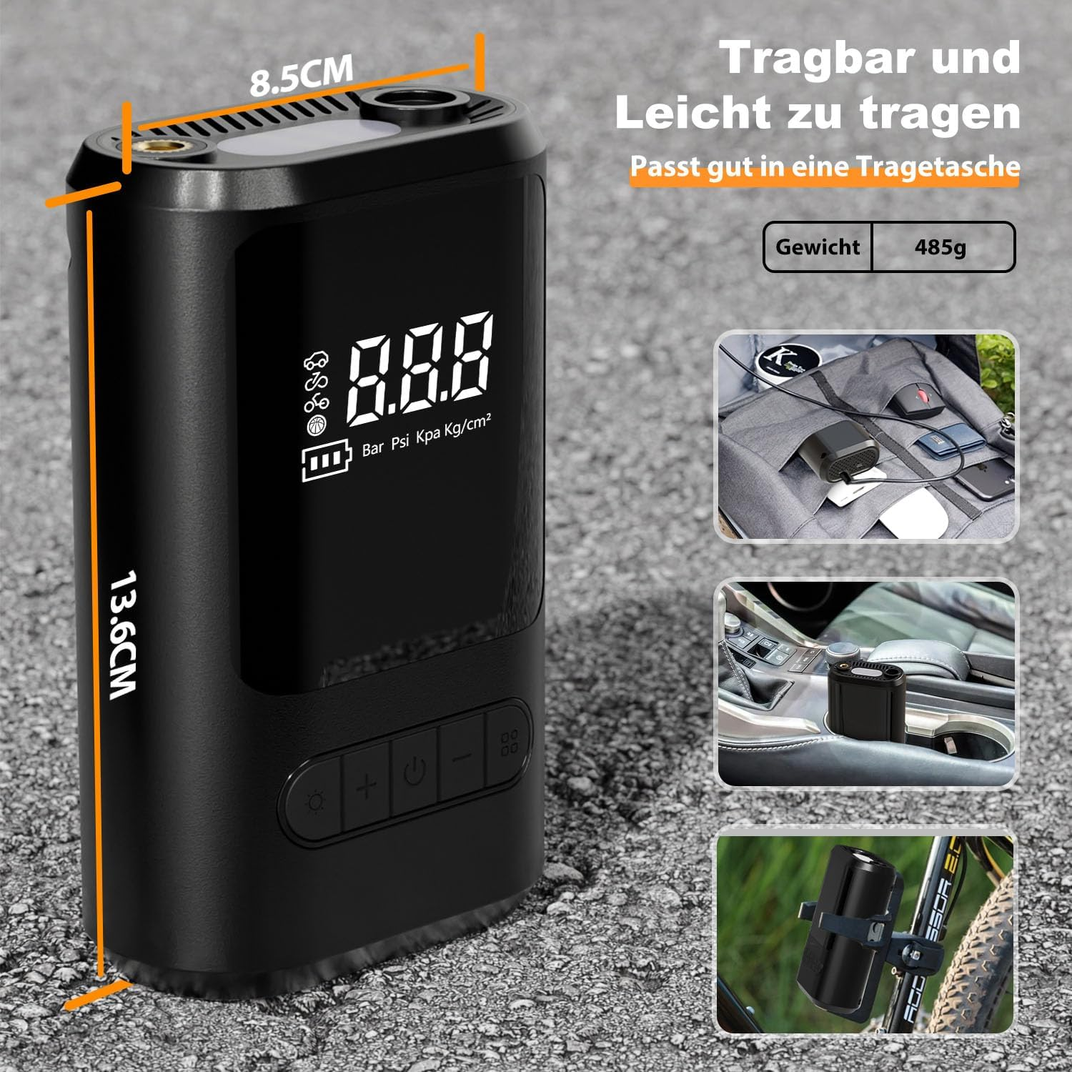 Schwarze Luftpumpe mit Display und Abmessungen. Enthält eine Autotasche und eine Fahrradhalterung.