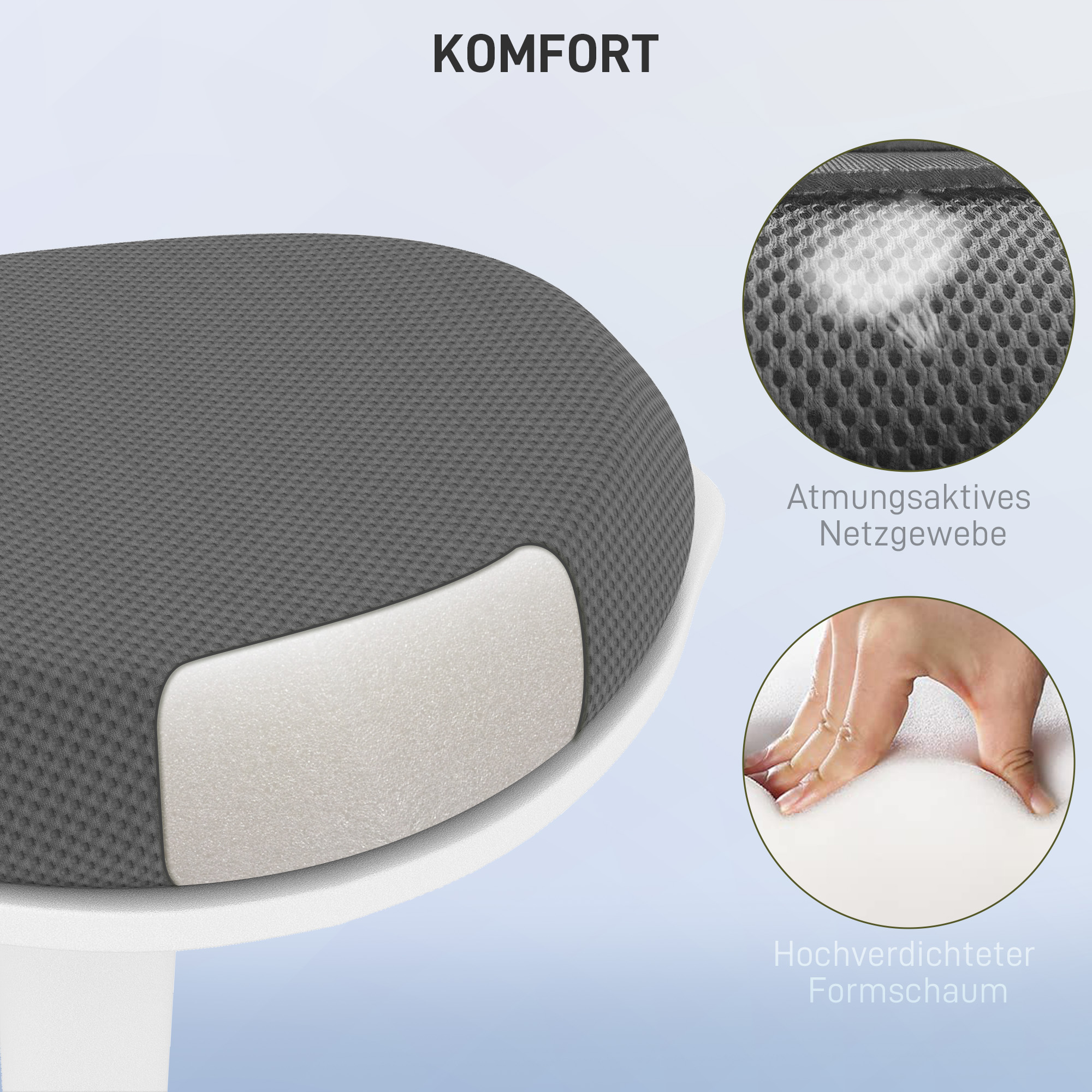 Graues Sitzkissen mit atmungsaktivem Mesh-Gewebe und hochdichtem Schaumstoff. Es liegt auf einer weißen Oberfläche.