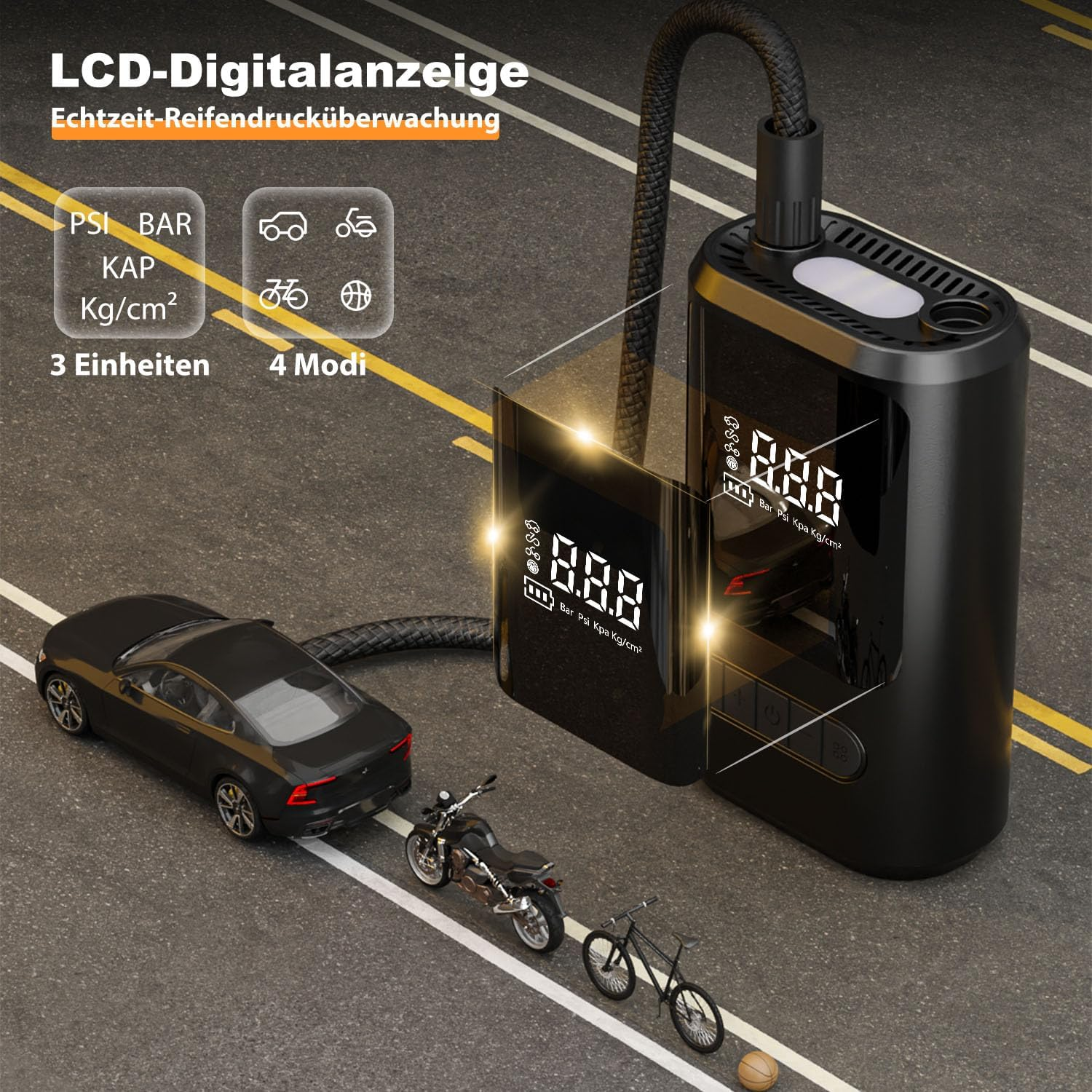 Schwarze Luftpumpe mit Digitalanzeige, die ein Spielzeugauto, Motorrad und Fahrrad aufpumpt. Hintergrund: Straße.