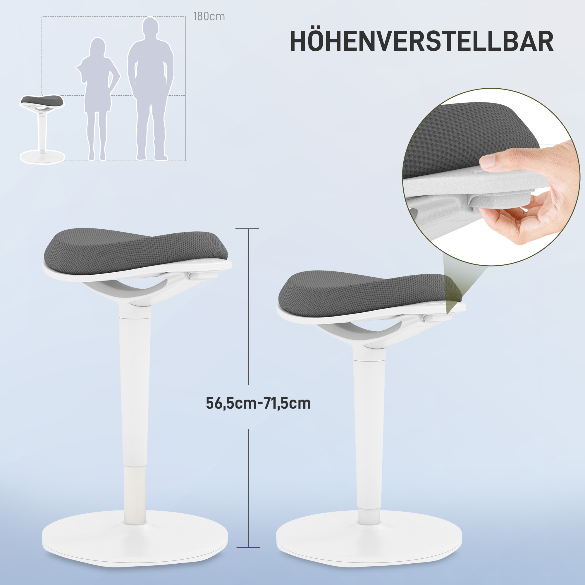 Zwei Hocker mit einer Personenillustration. Texte zeigen Höhe und Abmessungen.