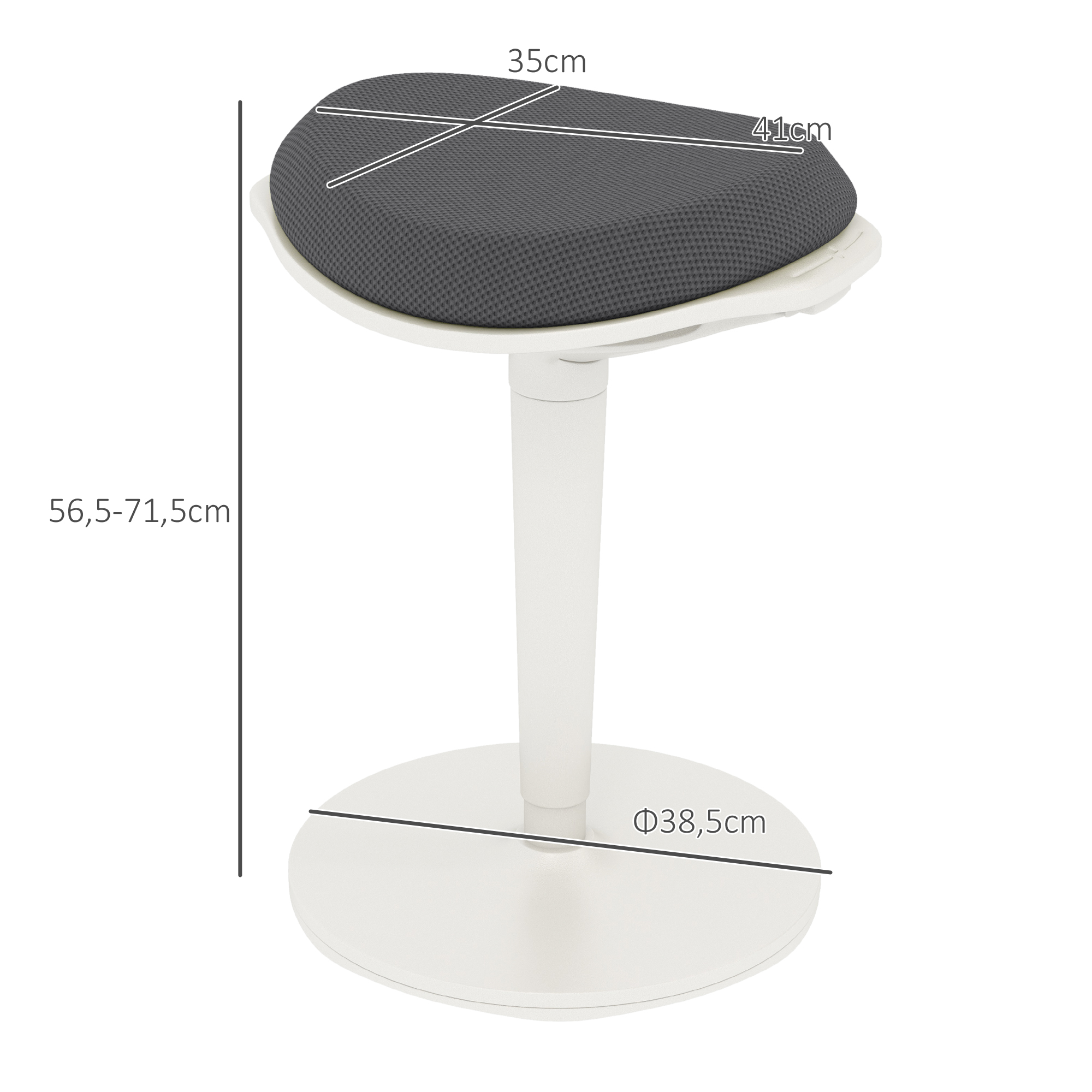 Weißer, verstellbarer Hocker mit grauem Sitz, zeigt Abmessungen und runde Basis.