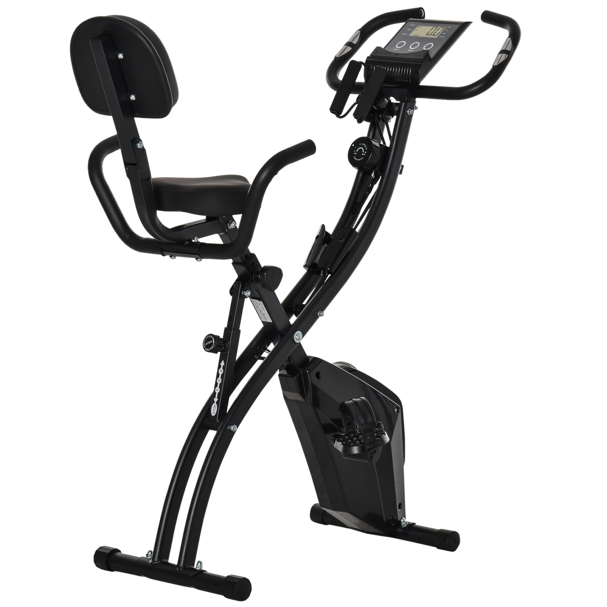 Ein schwarzes stationäres Trainingsfahrrad mit Sitz, Rückenlehne und Display. Es hat einen schwarzen Rahmen und Pedale.