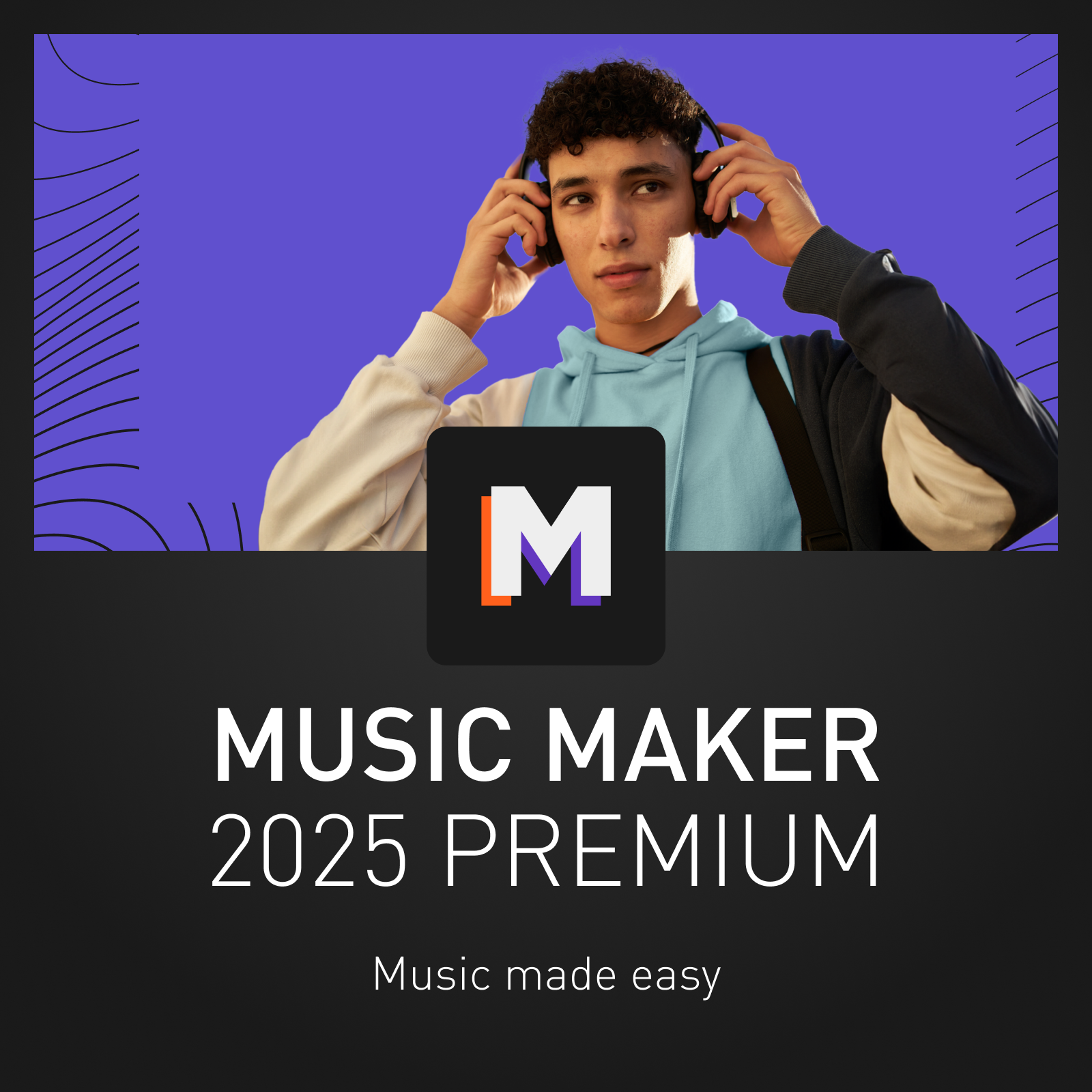 Giovane con cuffie, logo app e testo: Music Maker 2025 Premium.