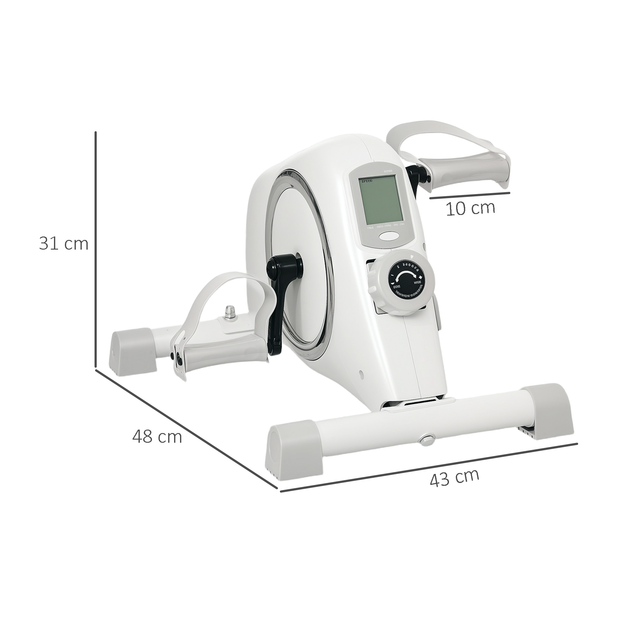 Mini-Heimtrainer, weiß, mit Abmessungen, grauen Pedalstützen und Bildschirm.