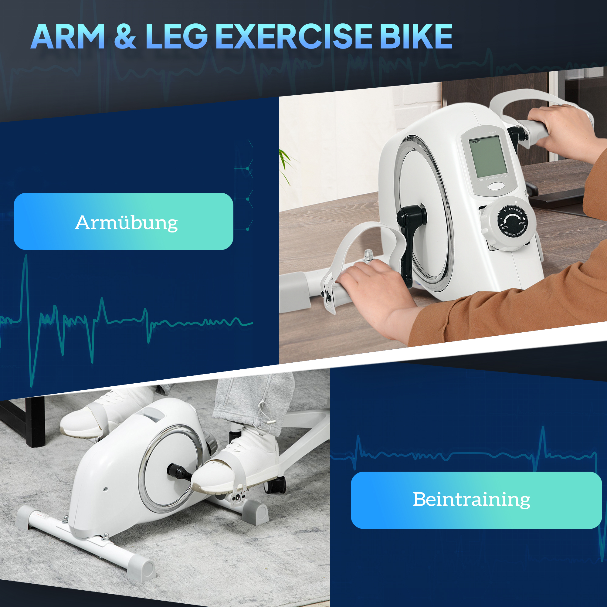 Ein Heimtrainer mit Arm- und Beinübungen. Es zeigt eine Person, die es benutzt.