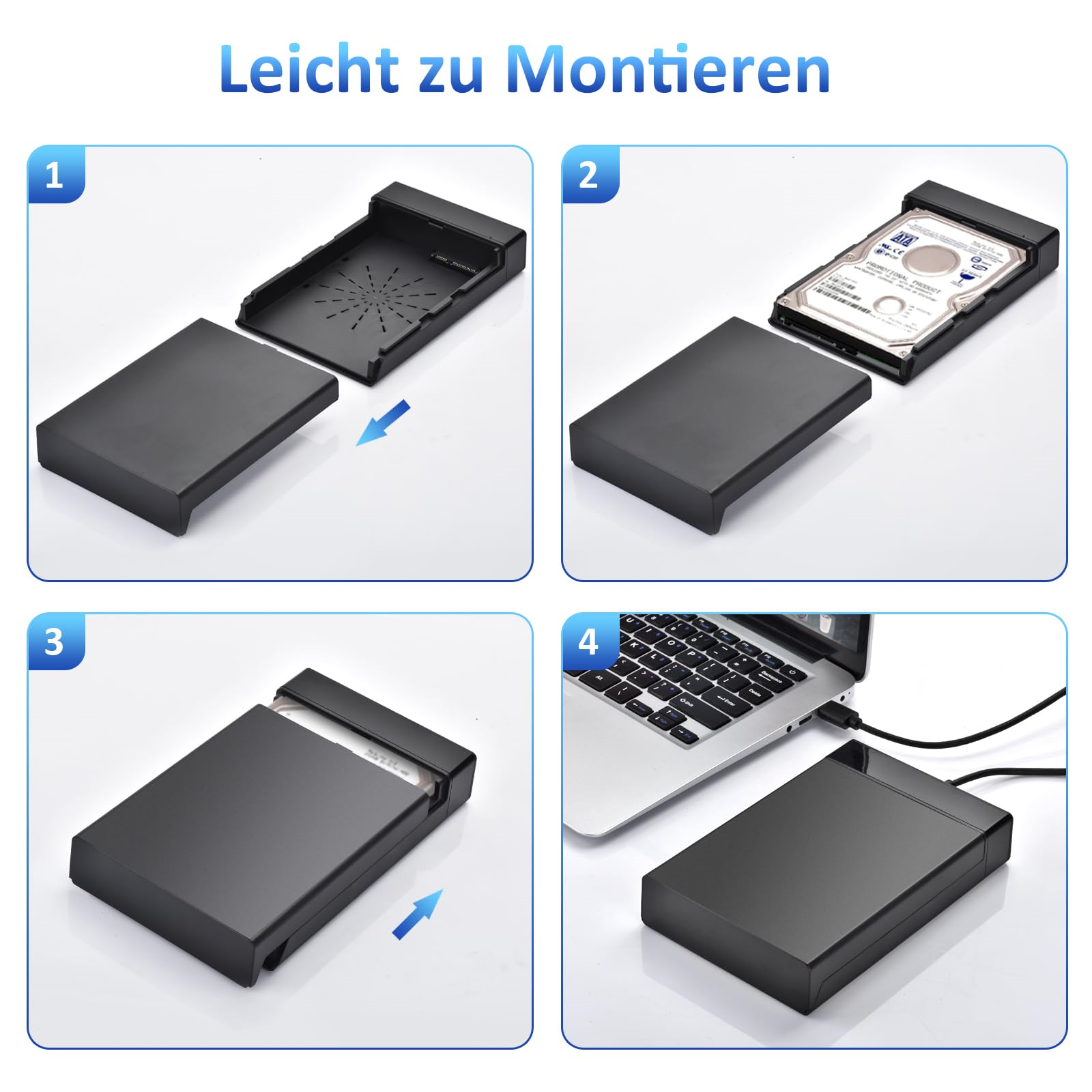 Vier Fotos zeigen die Installation eines schwarzen externen Festplattengehäuses am Laptop.