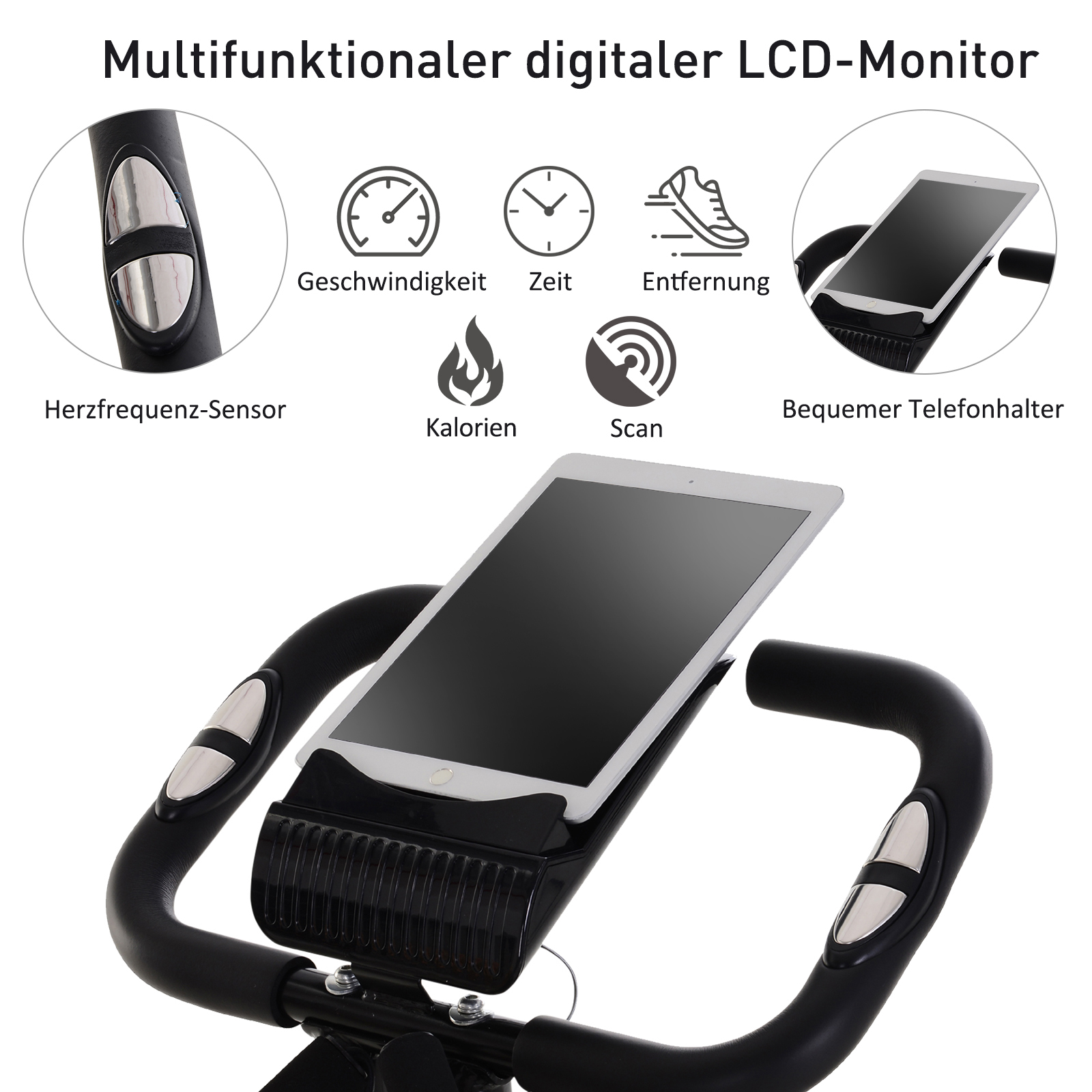 Ein Heimtrainer mit Tablethalterung, Herzfrequenzsensor und digitaler Anzeige mit Statistiken.