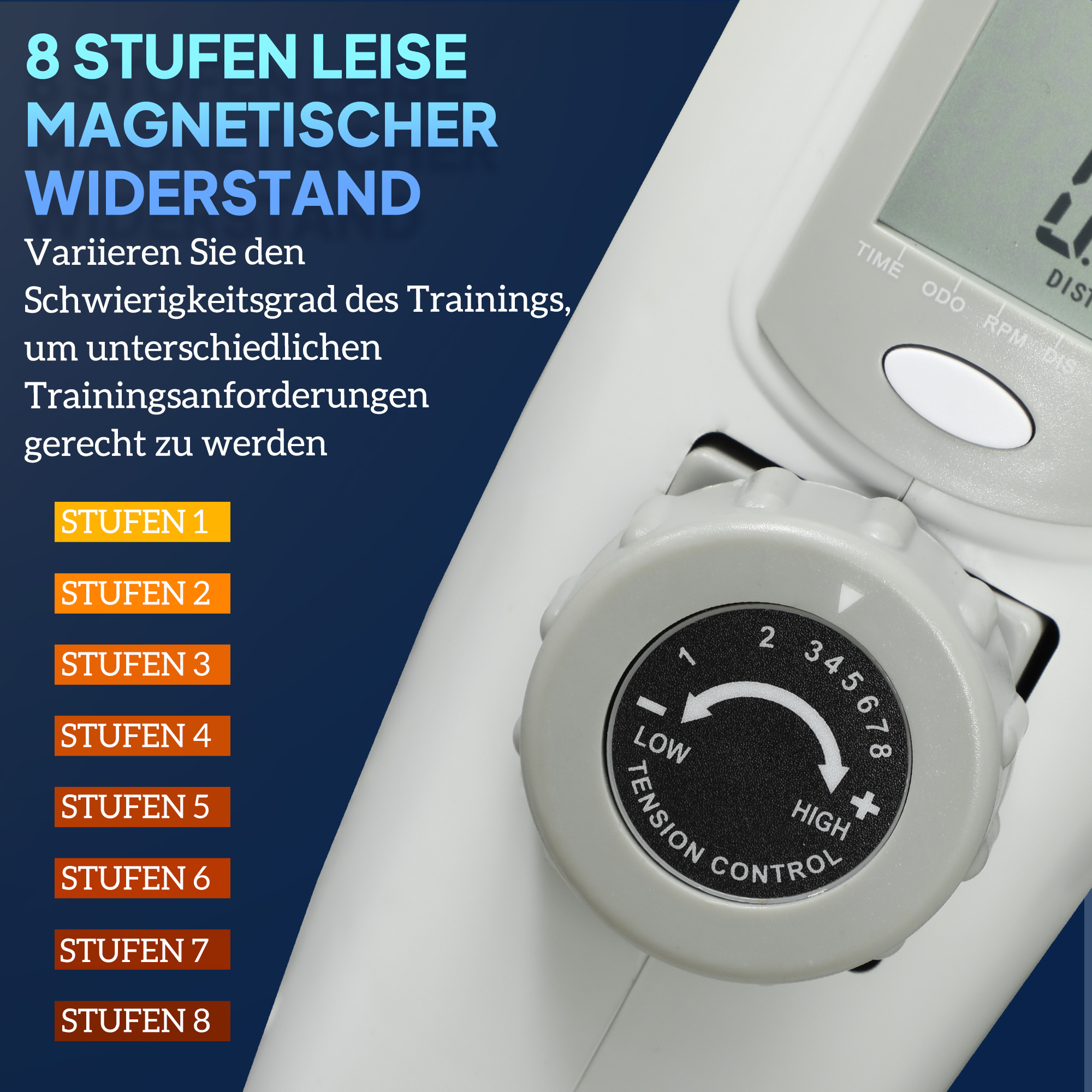Nahaufnahme des Bedienfelds eines Trainingsgeräts. Es hat einen Drehregler mit Zahlen und Text, 8 Widerstandsstufen.