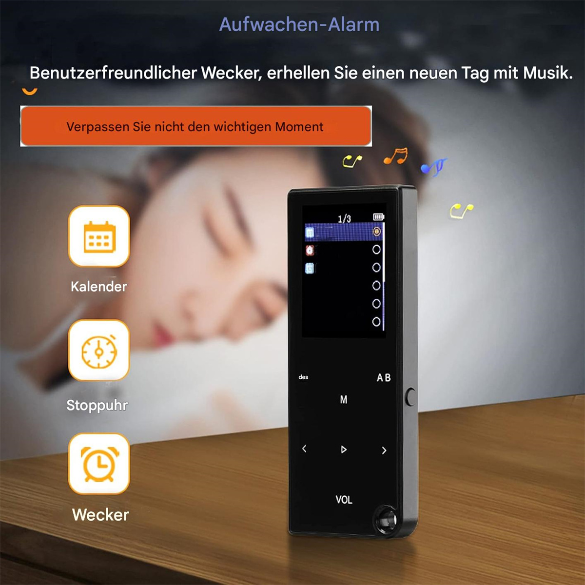 Ein schwarzer MP3-Player mit Bildschirm und Knöpfen auf einer Holzoberfläche, mit Symbolen und einer Person im Hintergrund.