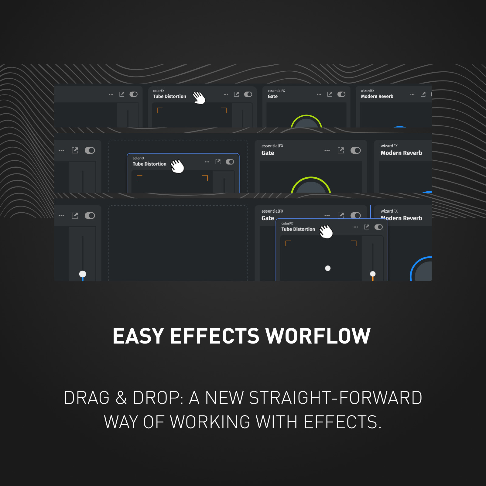 Interfaccia con finestre effetti. Flusso di lavoro drag and drop evidenziato.