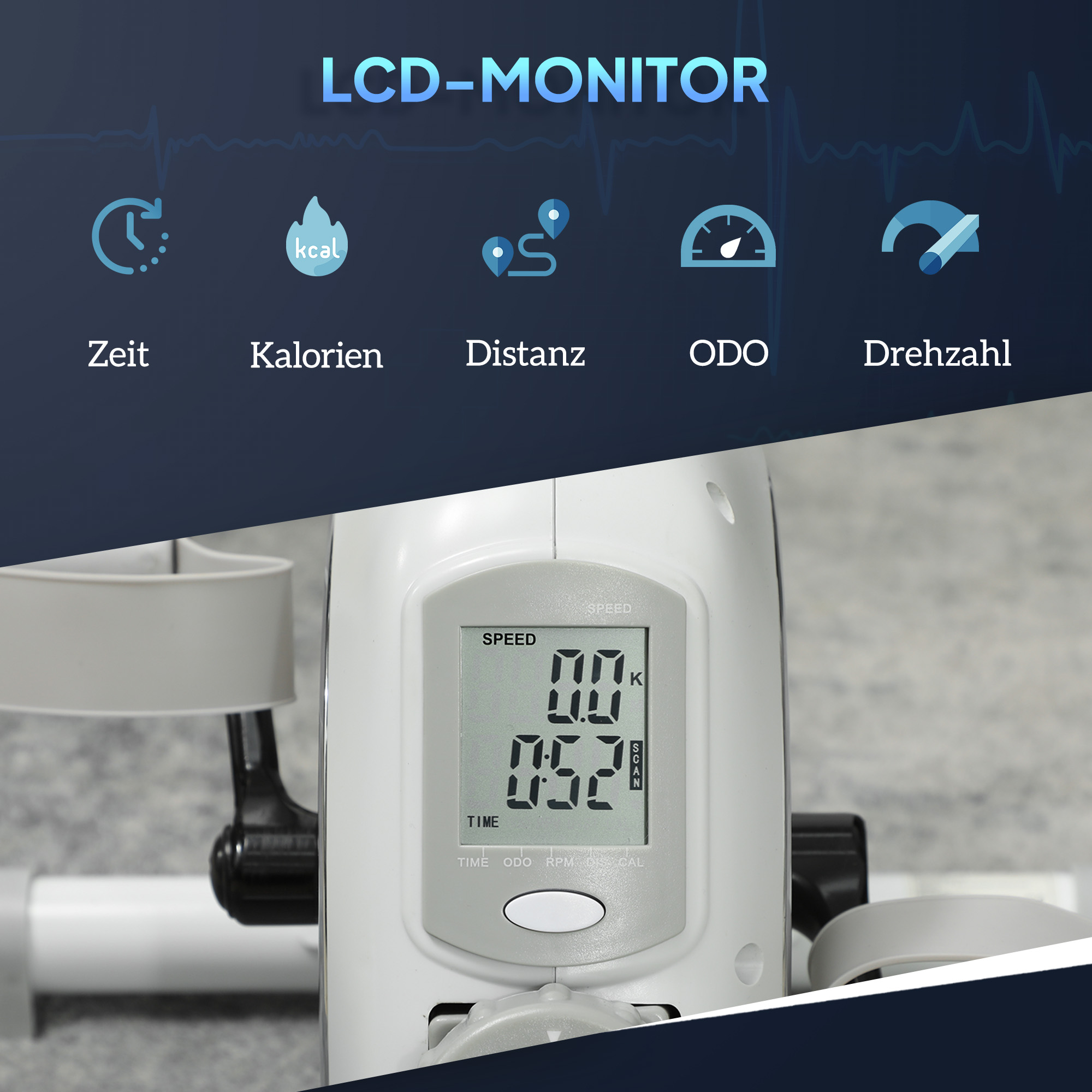 LCD-Monitor zeigt Zeit, Kalorien, Distanz, ODO und RPM an. Grau-weißes Farbschema.