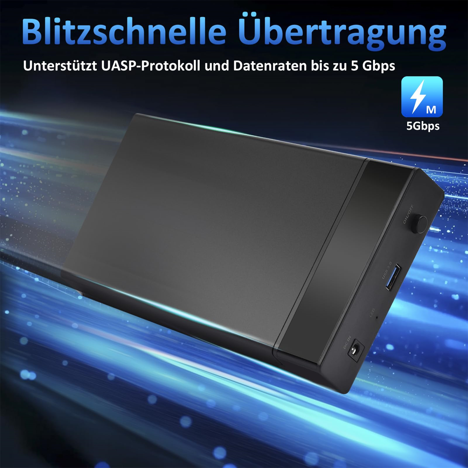 Ein schwarzes Datenspeichergerät mit USB-Anschluss, Ein/Aus-Schalter und DC-Eingang.