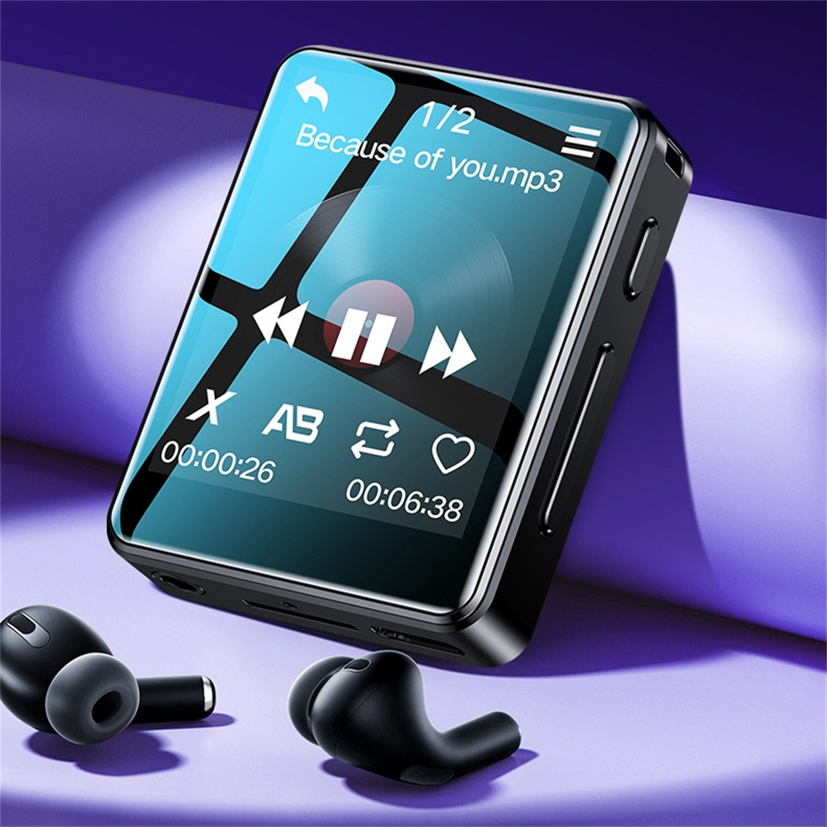 Ein schwarzer MP3-Player mit Ohrhörern. Der Bildschirm zeigt eine Musikoberfläche mit Wiedergabesteuerung.