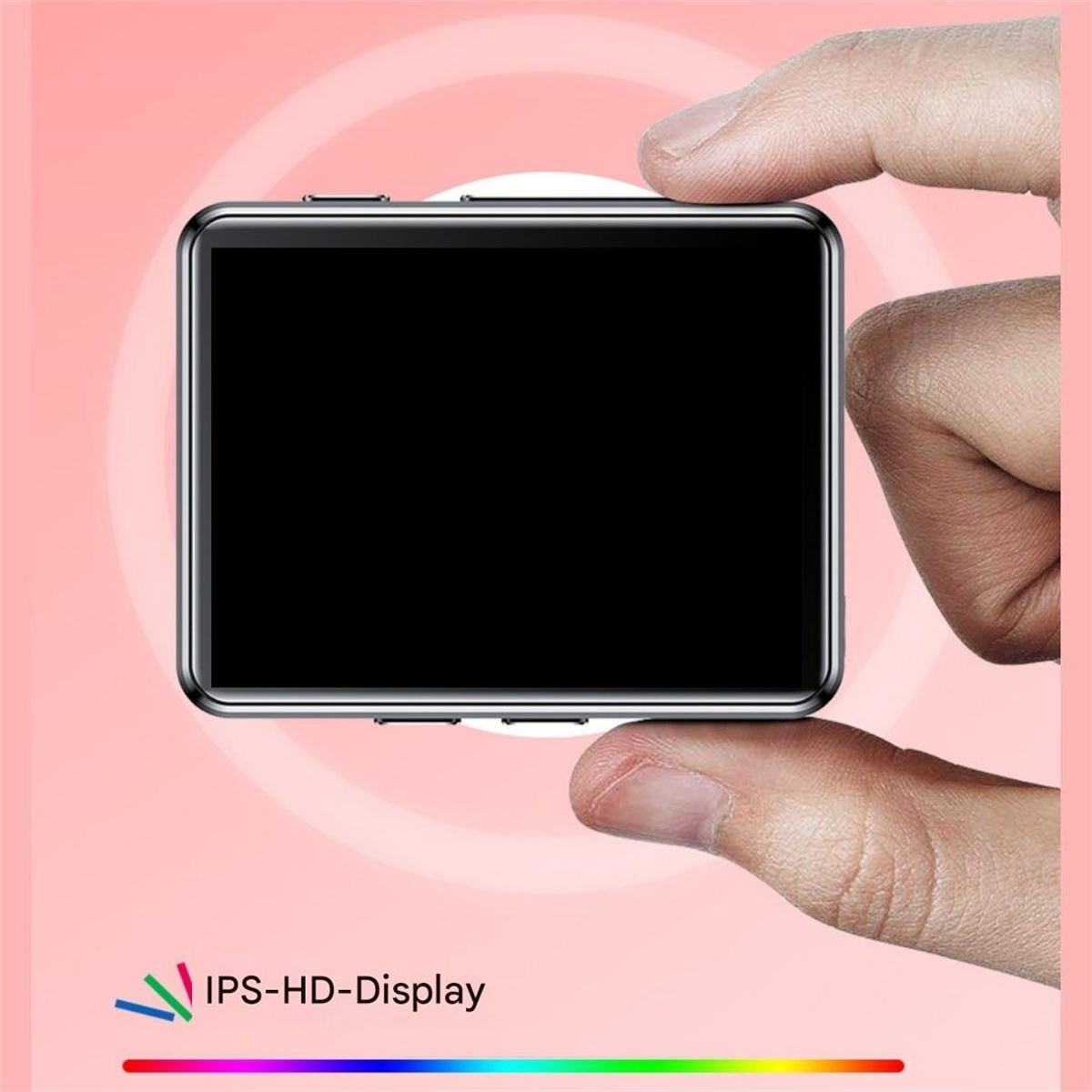 Ein kleiner schwarzer Bildschirm, der von Händen gehalten wird. Der Text darunter lautet 'IPS-HD-Display', mit Farbverlauf.