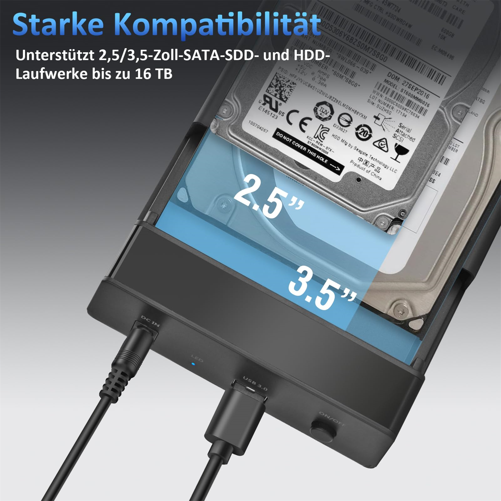 Eine Festplatte in einem Gehäuse, mit Text über Kompatibilität und Laufwerksgrößen.