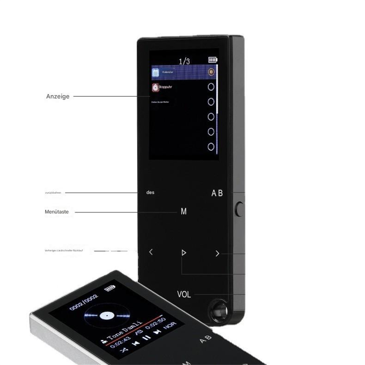 Schwarzer und silberner MP3-Player. Es hat einen Bildschirm und Knöpfe, die das Menü und die Titel anzeigen.
