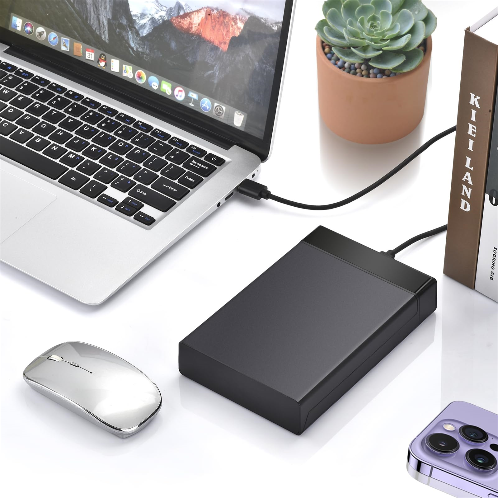 Laptop, verbunden mit externer Festplatte, Maus und Smartphone.