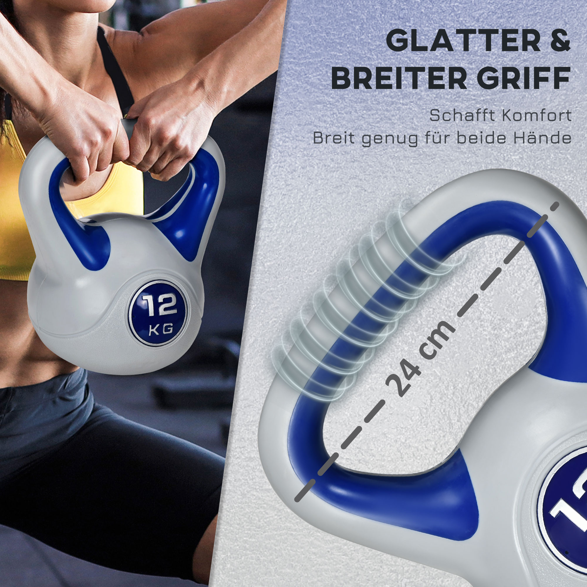 Kettlebell mit blauem Griff und der Zahl 12. Text: Glitzer und breiter Griff.
