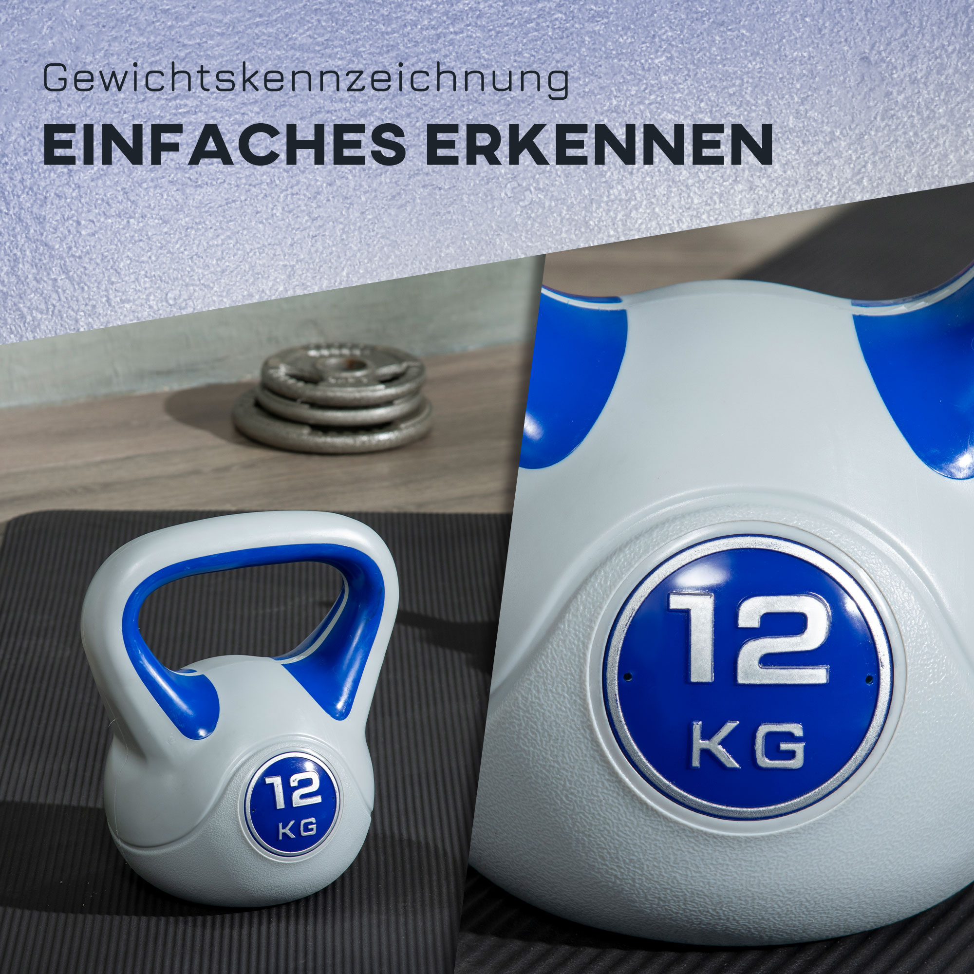 Weiße und blaue Kettlebell mit blauem Griff. Text: 12 KG.
