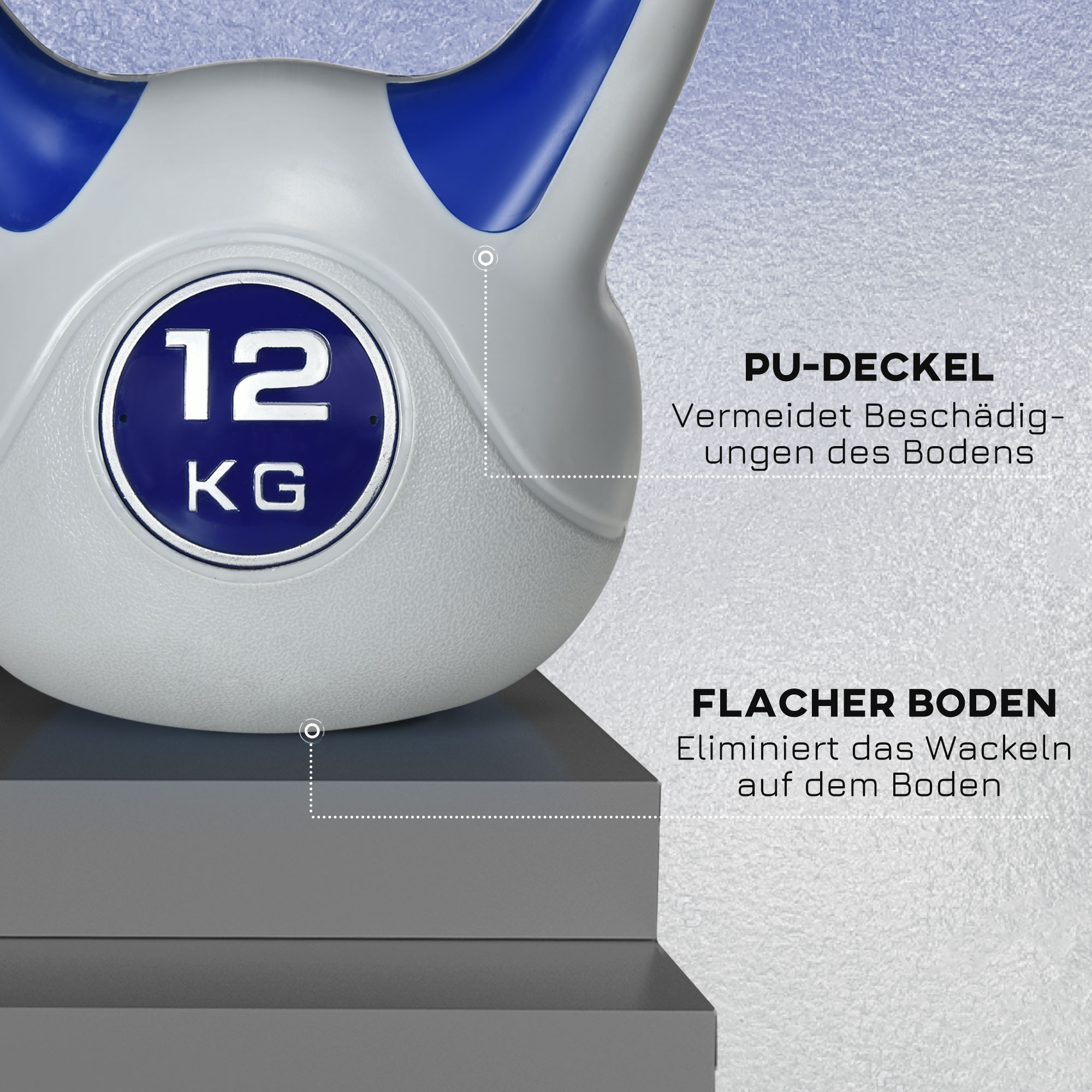 Graue und blaue Kettlebell mit '12 KG', auf grauen Oberflächen. Text beschreibt Funktionen.