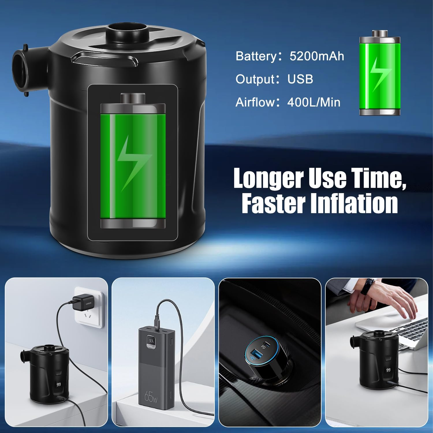 Eine schwarze Aufblaspumpe mit Batterie- und Ausgabedetails, USB-Ausgang und mehreren Ladebildern.