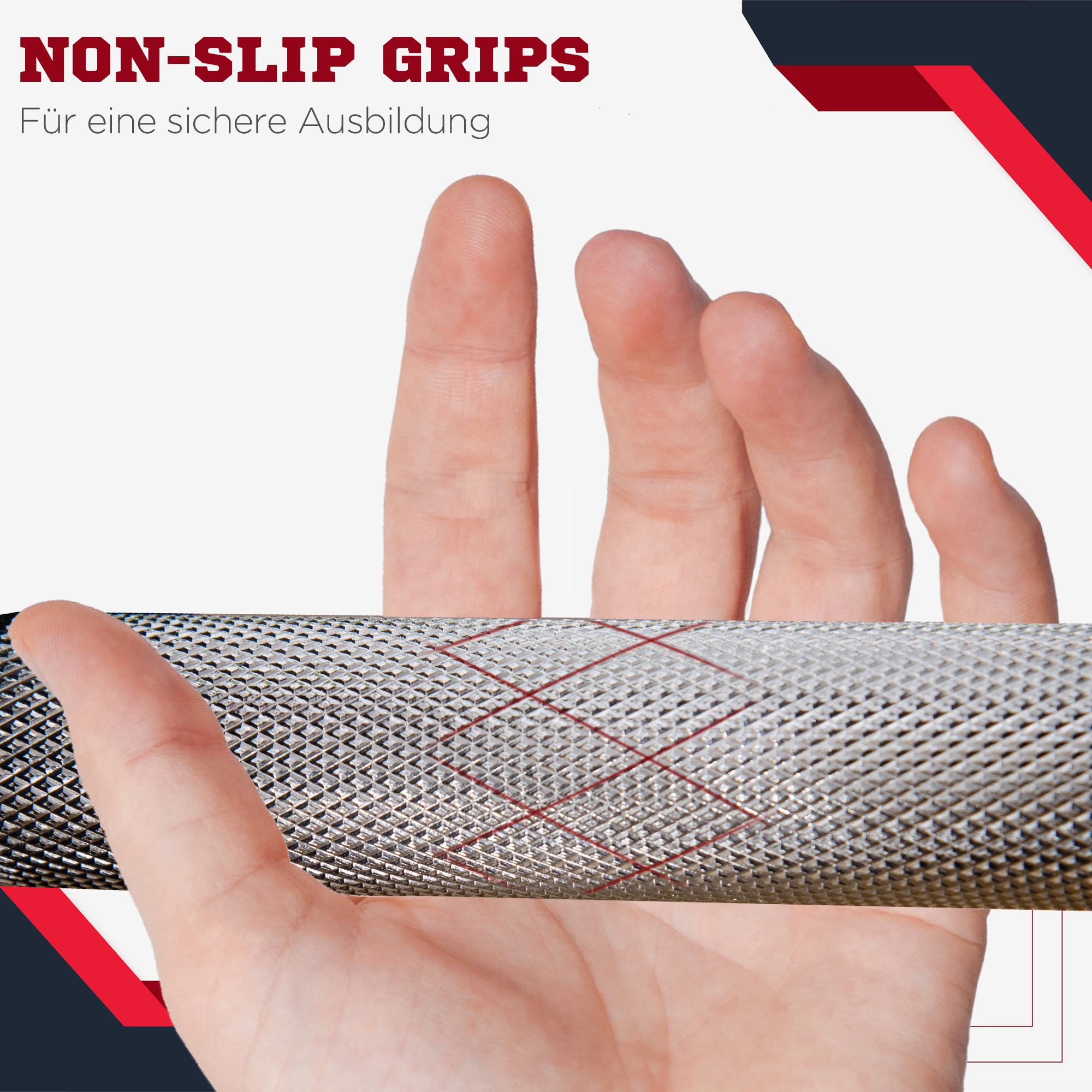 Eine Hand hält eine Metallstange mit einem Muster darauf. Der Text NON-SLIP GRIPS ist sichtbar.