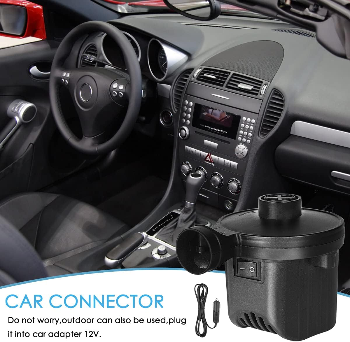 Schwarze Auto-Luftpumpe mit Netzkabel und einem Auto-Innenraum im Hintergrund.