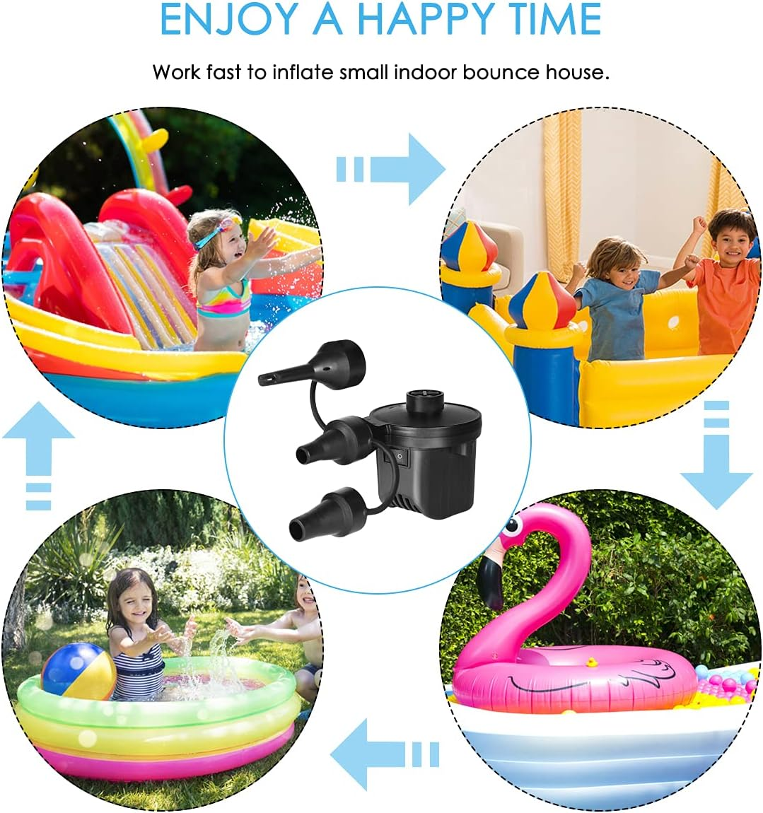 Kinder spielen in bunten aufblasbaren Pools und Hüpfburgen, mit einer Luftpumpe in der Mitte.